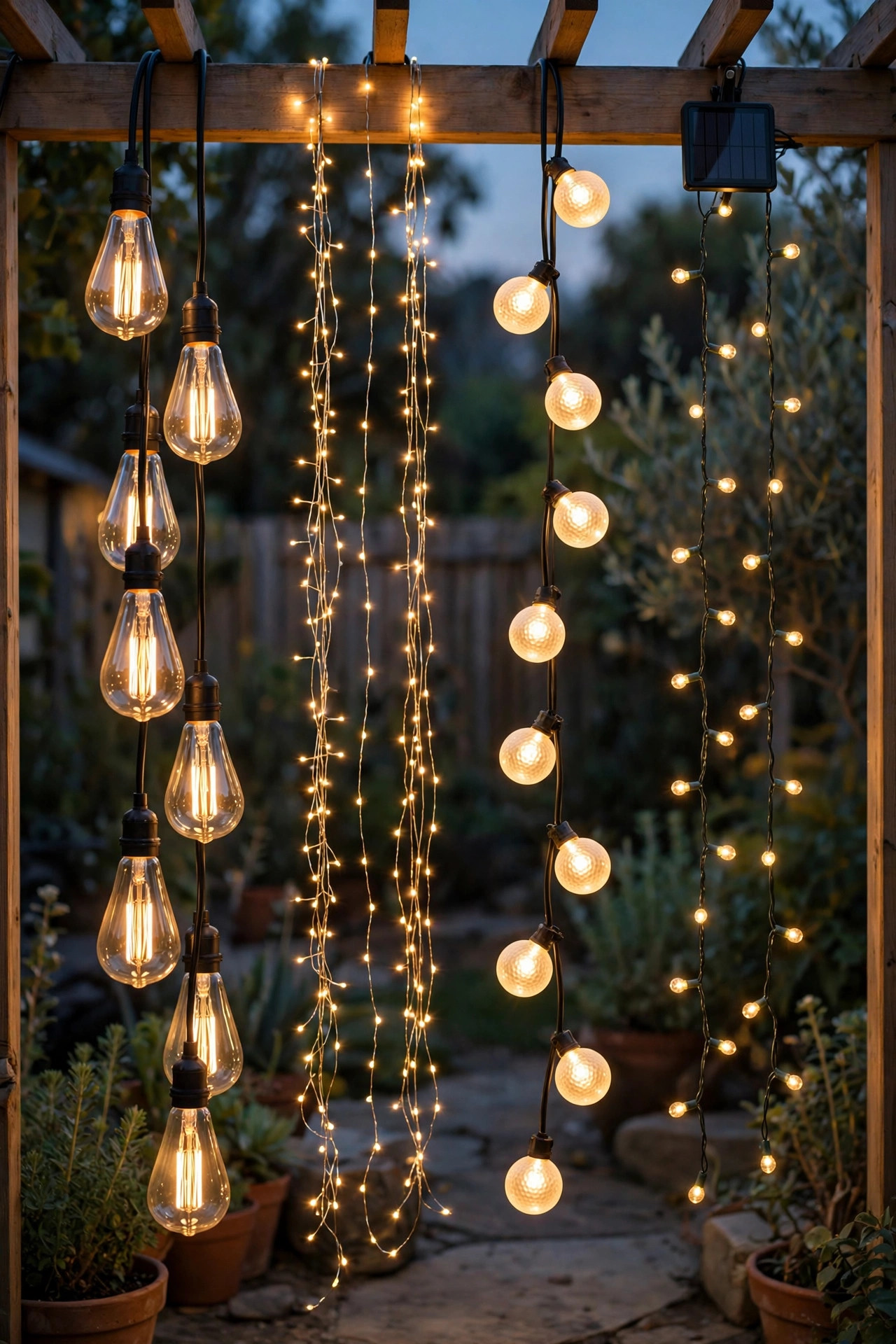 Different types of outdoor string lights — Edison, fairy, globe, and solar strands — displayed side by side