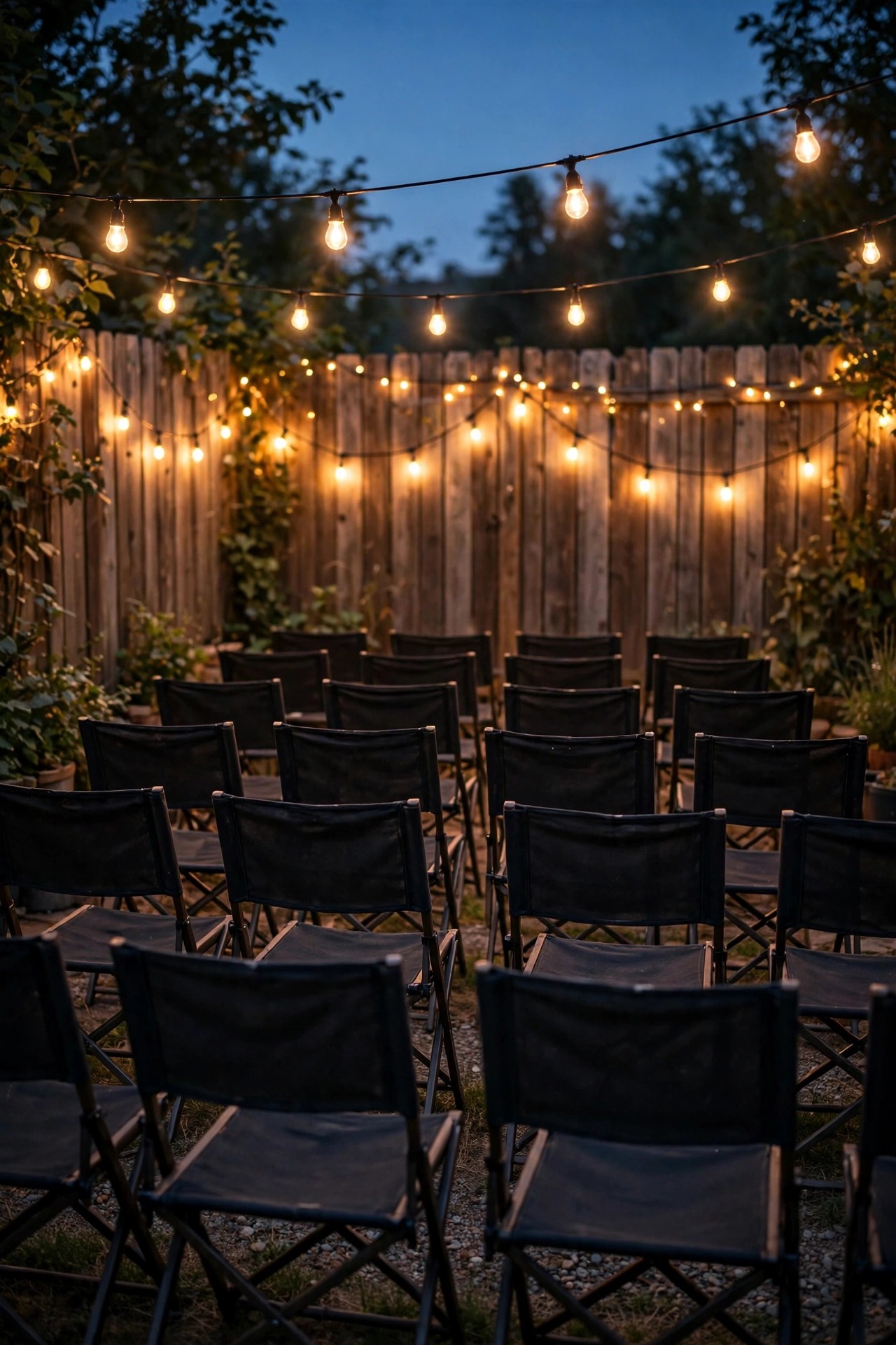 Warm string lights strung along a back fence behind rows of outdoor movie chairs, glowing softly in the dark