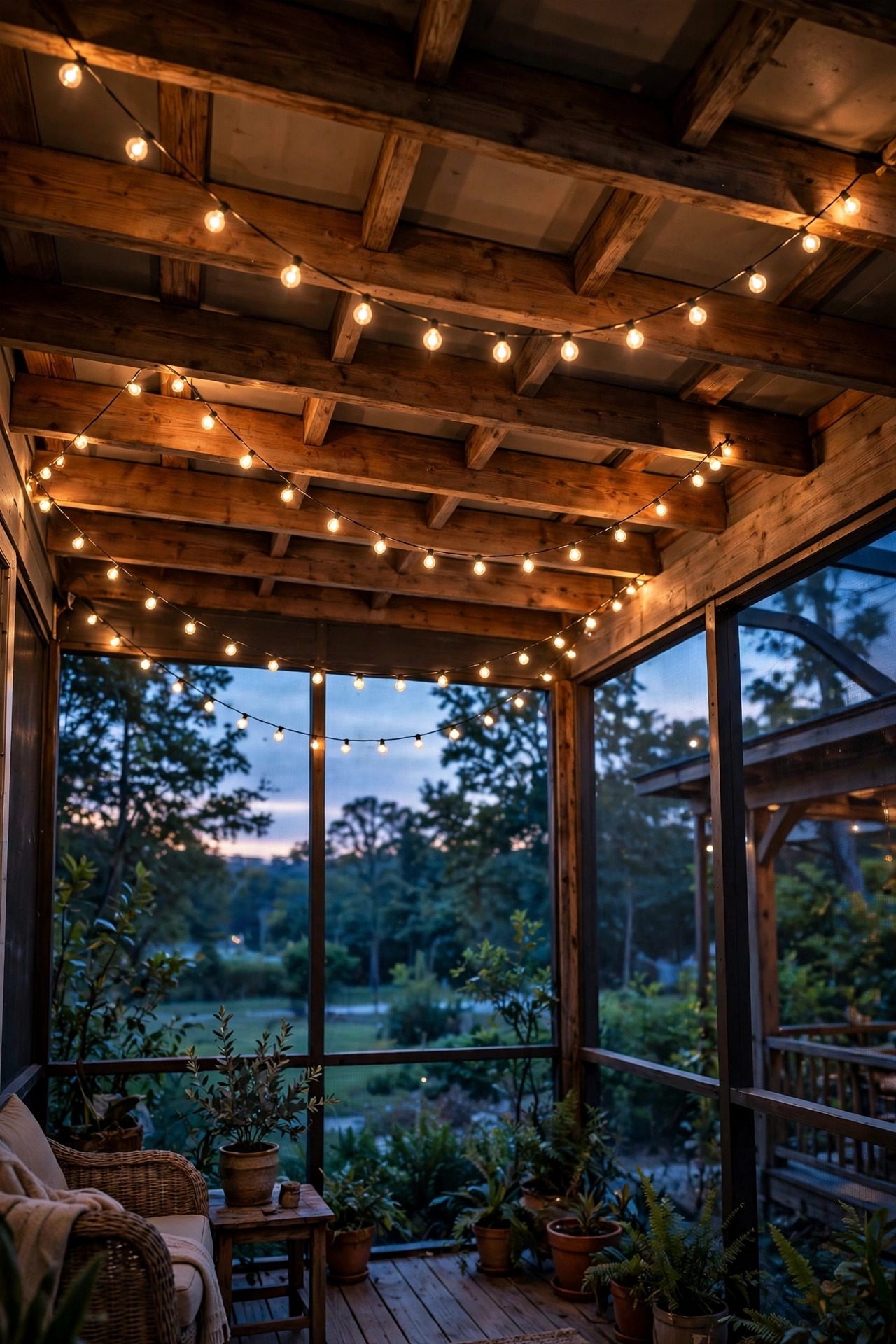 Warm string lights swagged in soft arcs across the ceiling beams of a screened porch at twilight