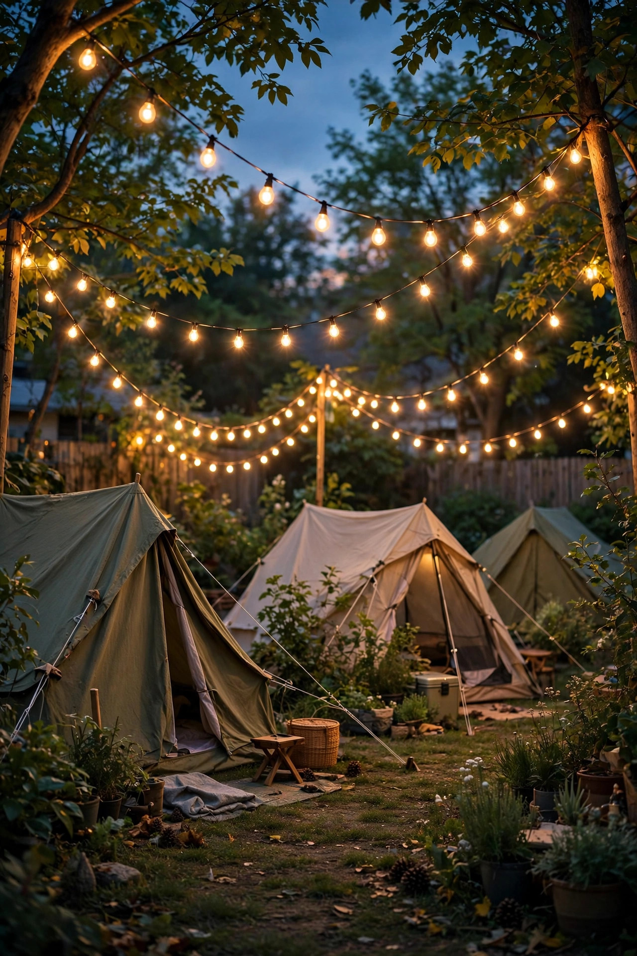 Warm string lights swagged in gentle curves over backyard tents at dusk