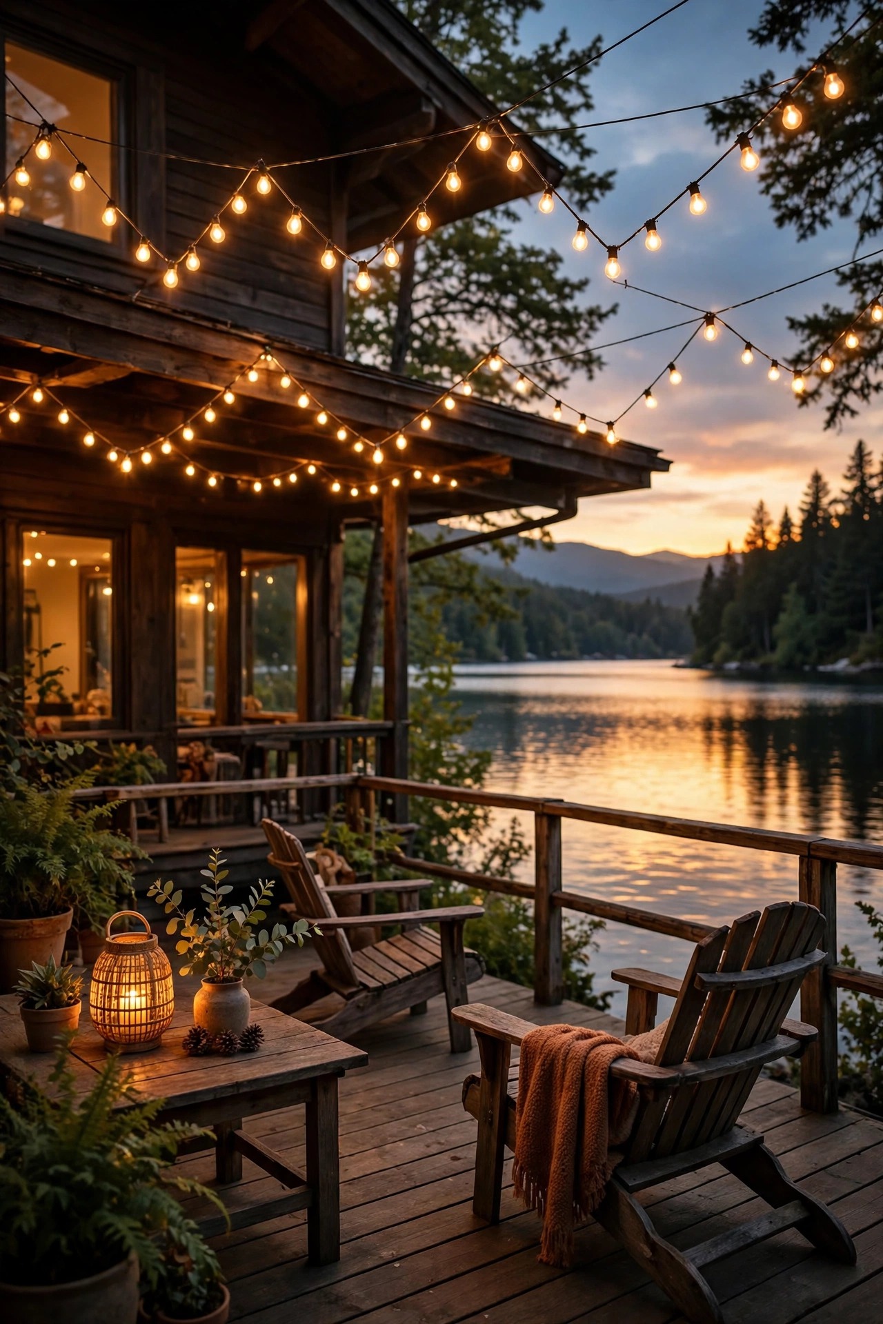 Warm string lights zigzagged over a lake house deck with the lake glowing in the background at dusk