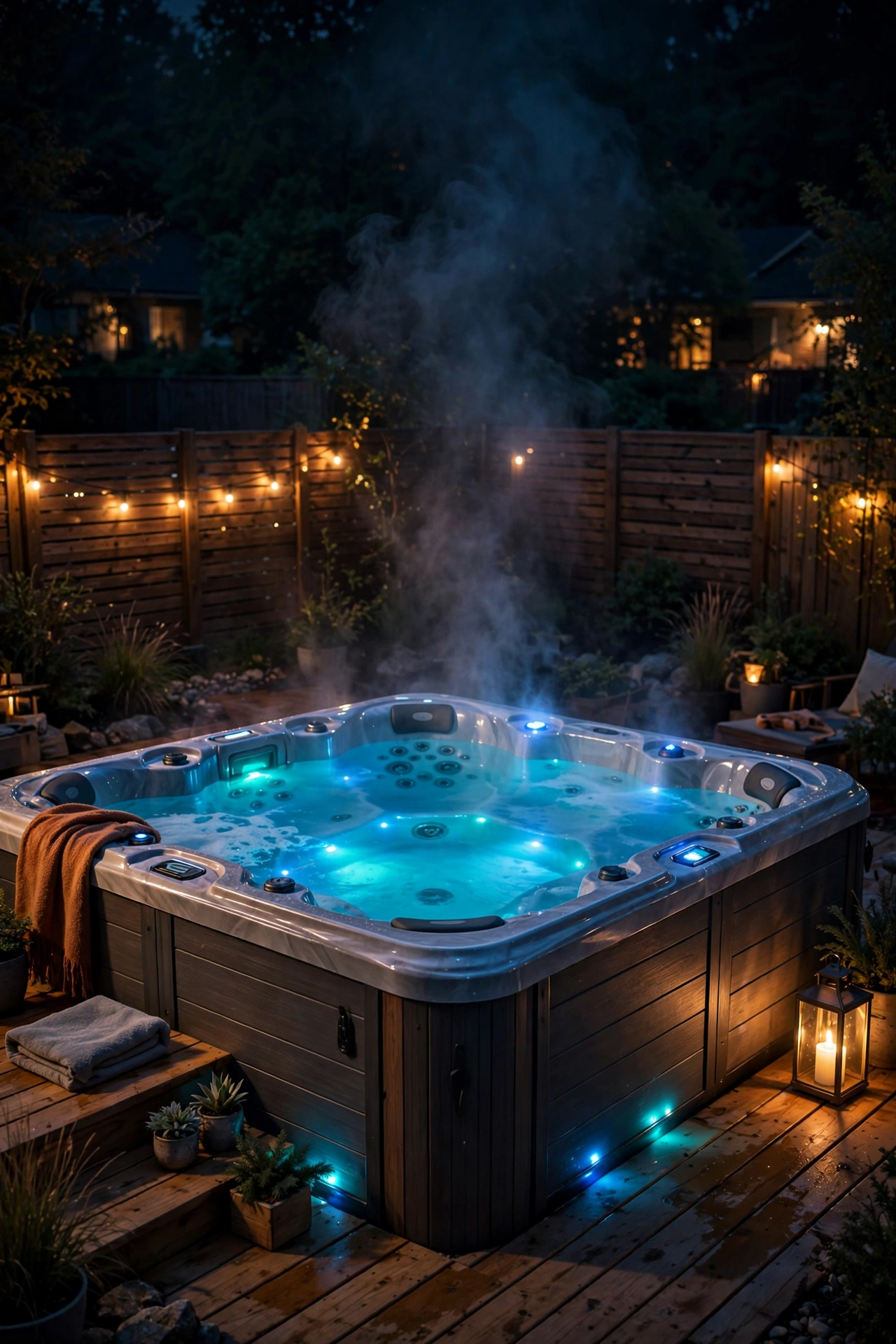 Color-changing submersible LED lights glowing underwater in a hot tub at night