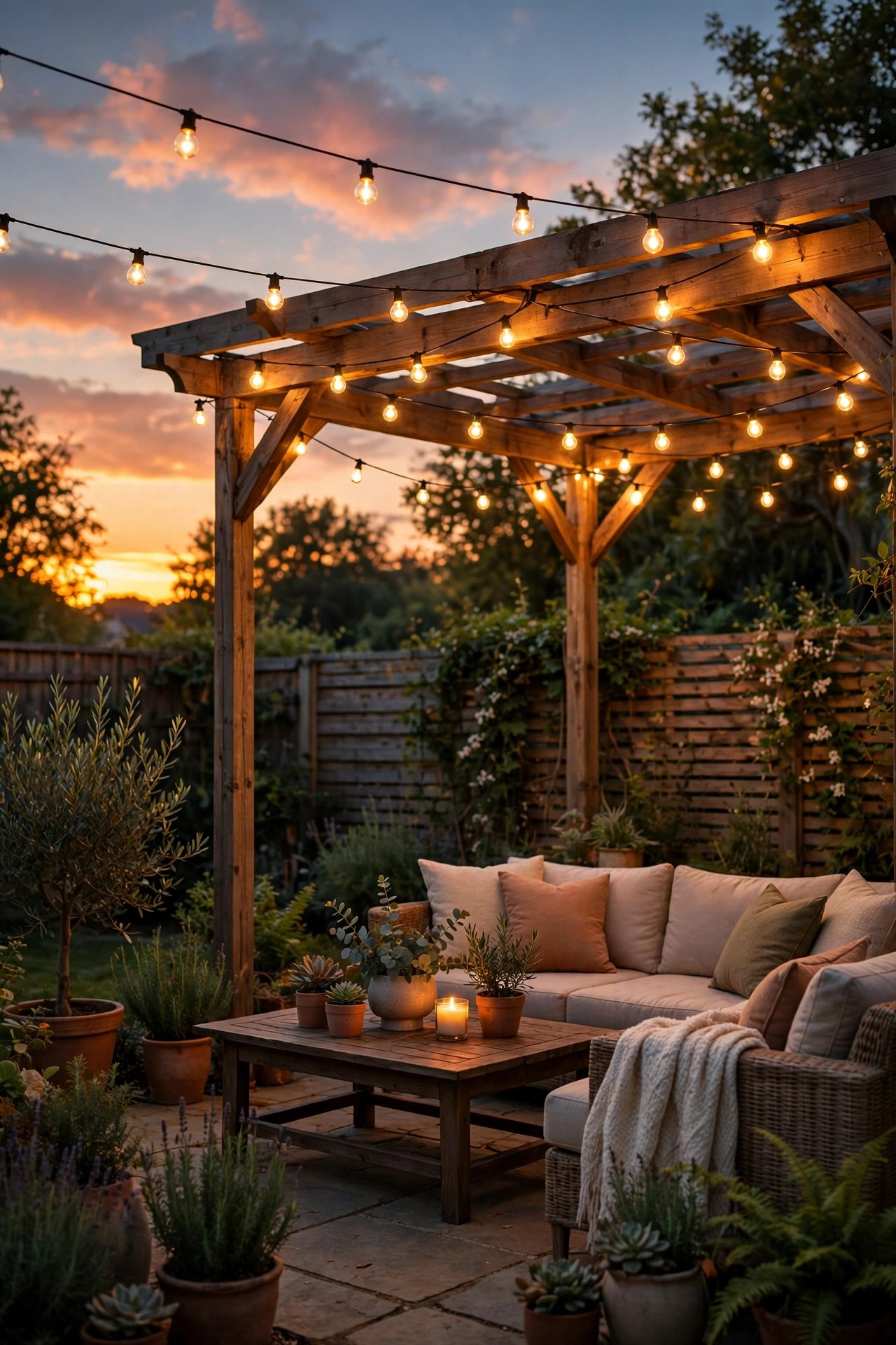 Smart string lights switching on automatically over a backyard patio at sunset with warm golden glow