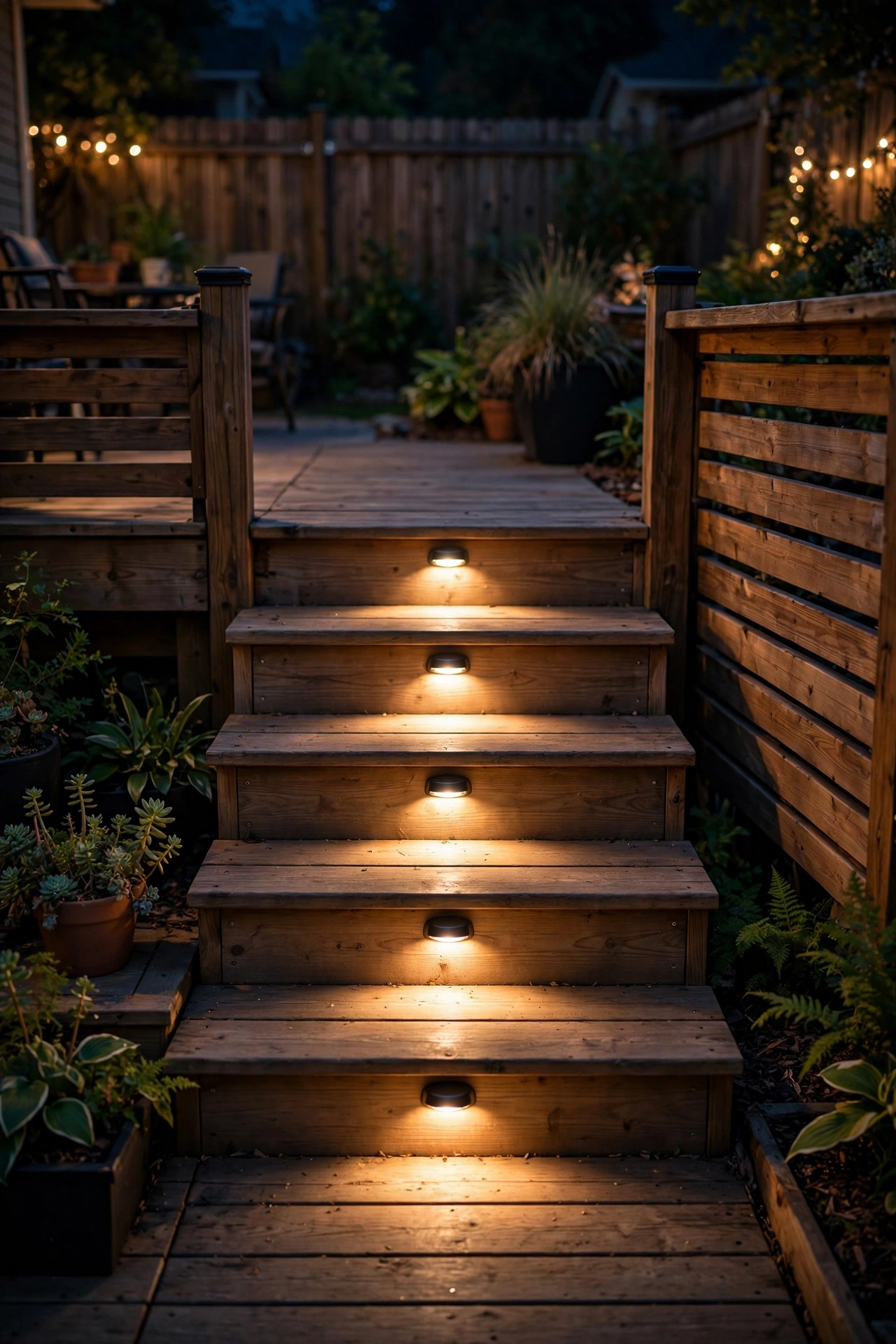 Surface-mount mini deck stair lights on stair risers at night