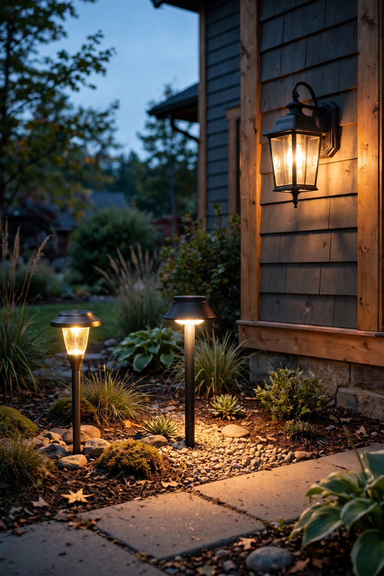Side-by-side comparison in one front yard showing a small solar stake light, a low-voltage LED path light and a hardwired porch sconce glowing at dusk
