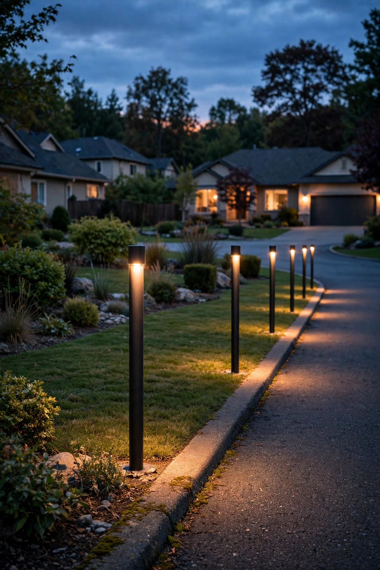 Tall slim bollard lights marking the edge of a suburban driveway in warm evening light