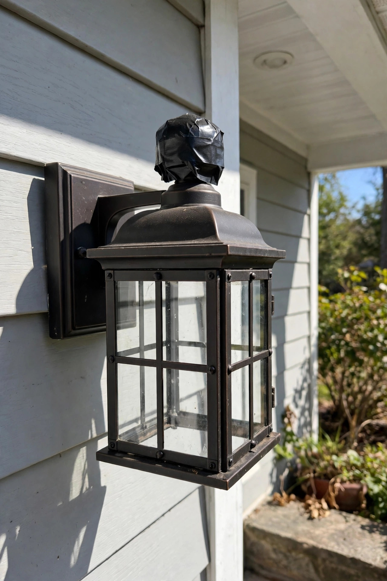 Electrical tape covering a photocell sensor on a porch light during a daylight test