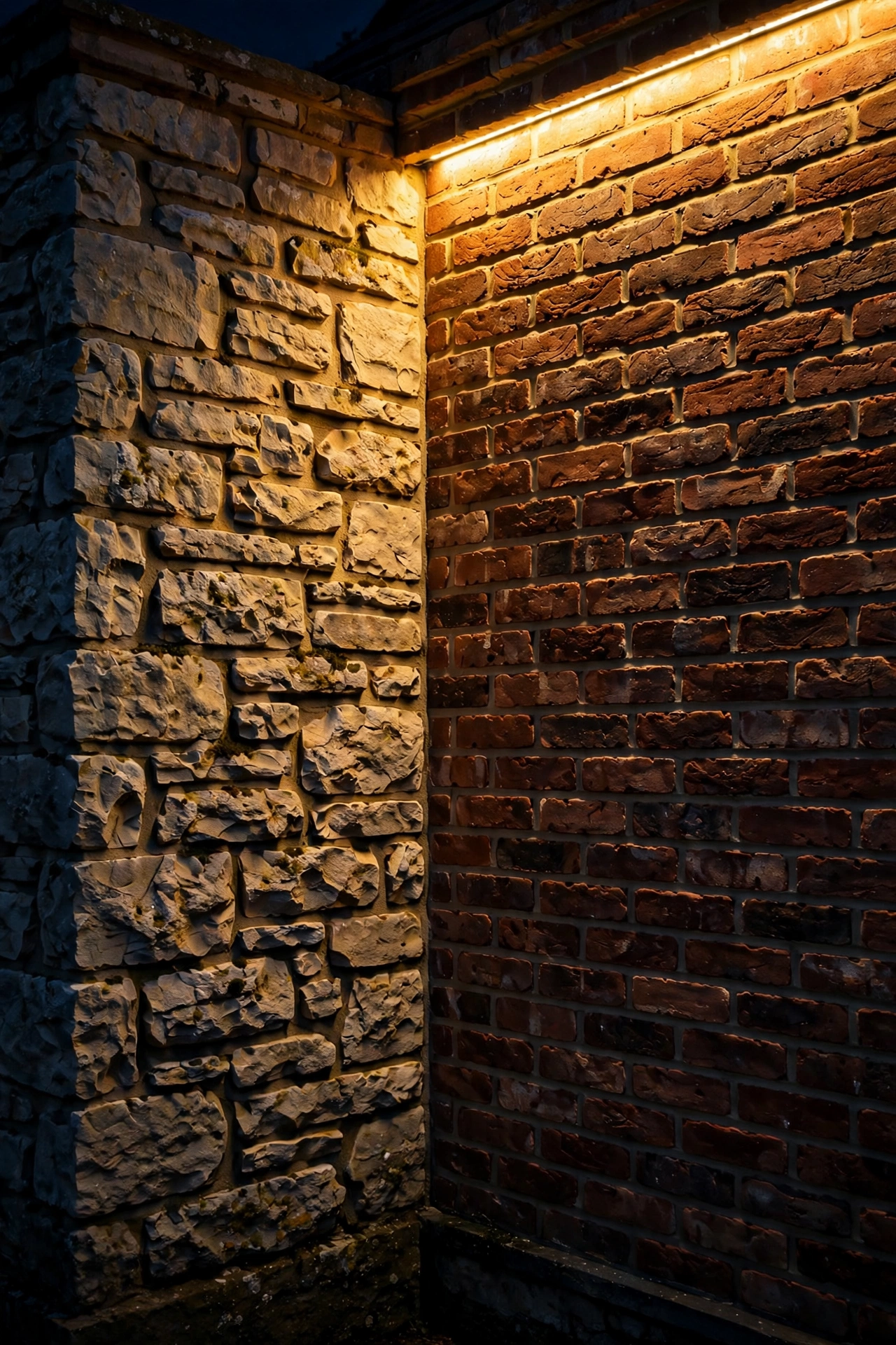 Night photo showing wall washing exterior lighting glowing on a brick facade next to a stone accent wall