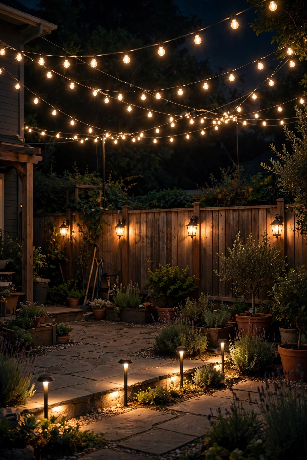 Small yard at night showing layered lighting at ground, fence, and canopy height with warm glow