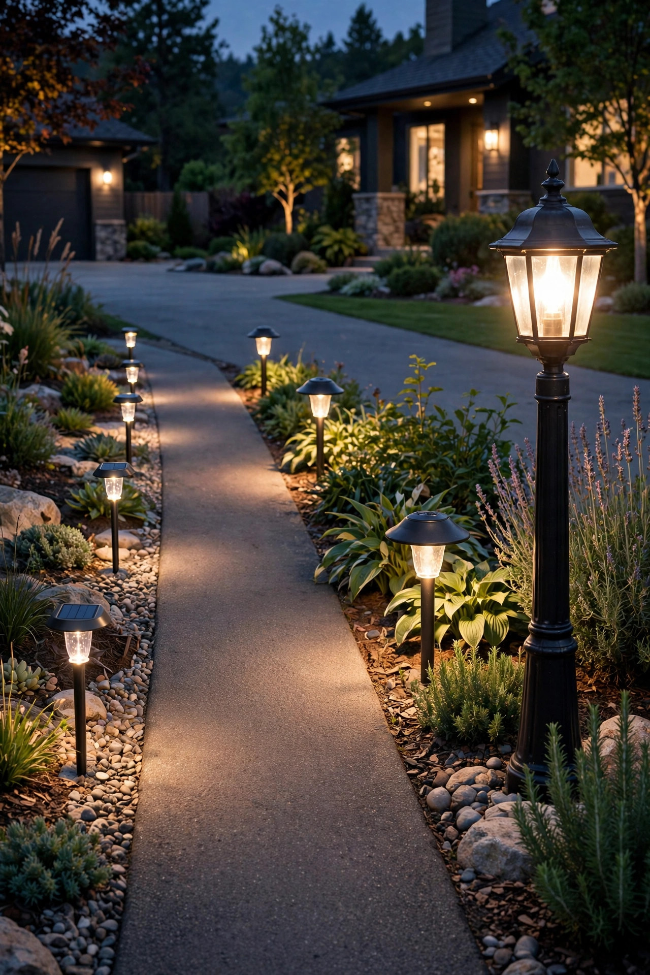 Three driveway lighting styles side by side at dusk: solar stake lights, low-voltage path lights and a hardwired lamp post