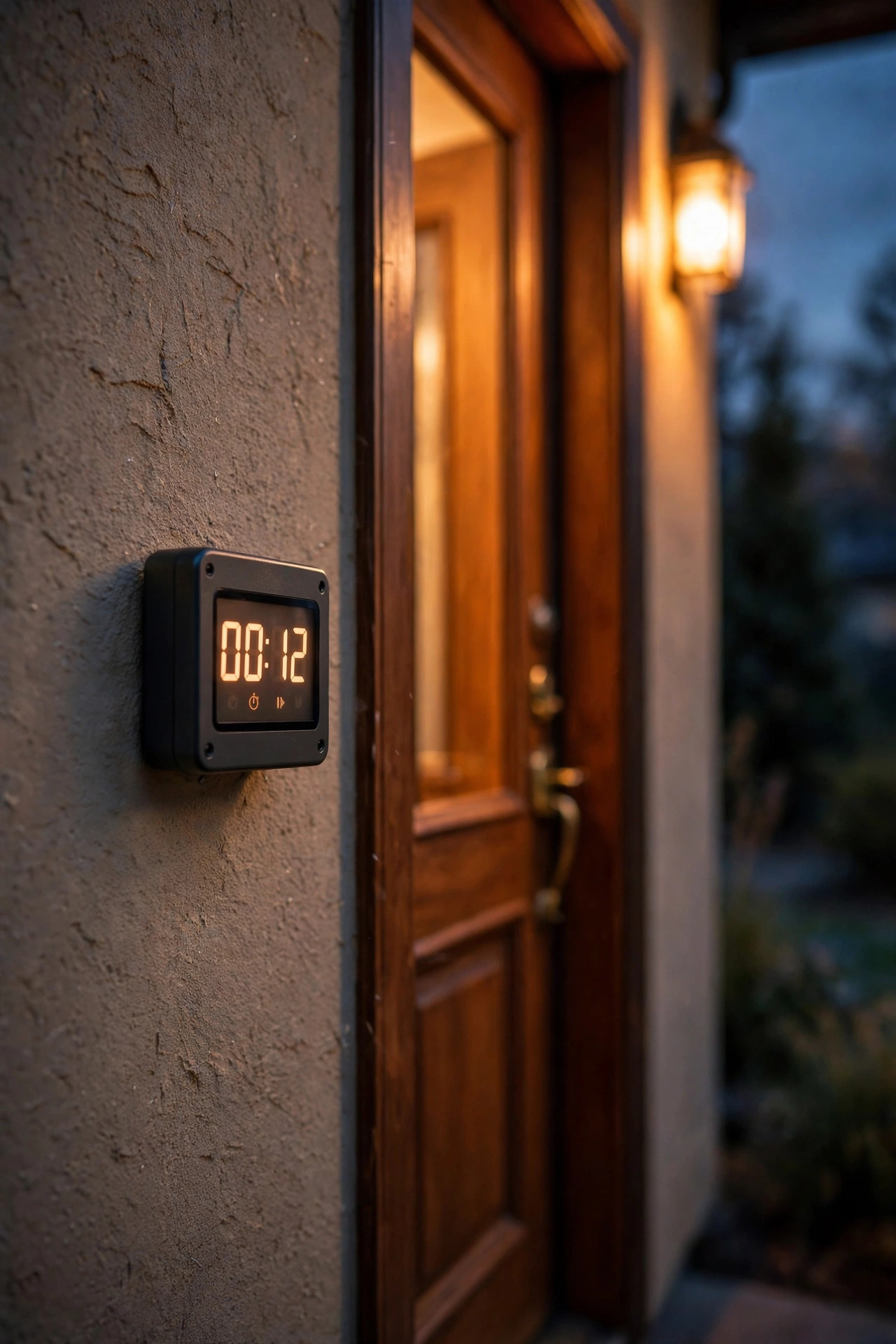 Close-up of a digital wall timer display showing the day's sunset time, mounted beside a warmly lit front door