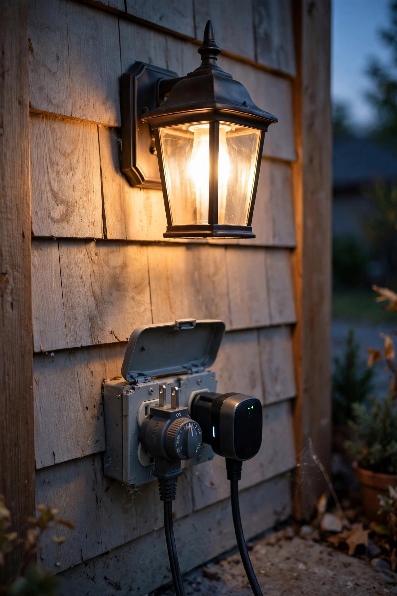 Plug-in timer and outdoor smart plug beside a porch light fixture, the main ways to automate porch lights