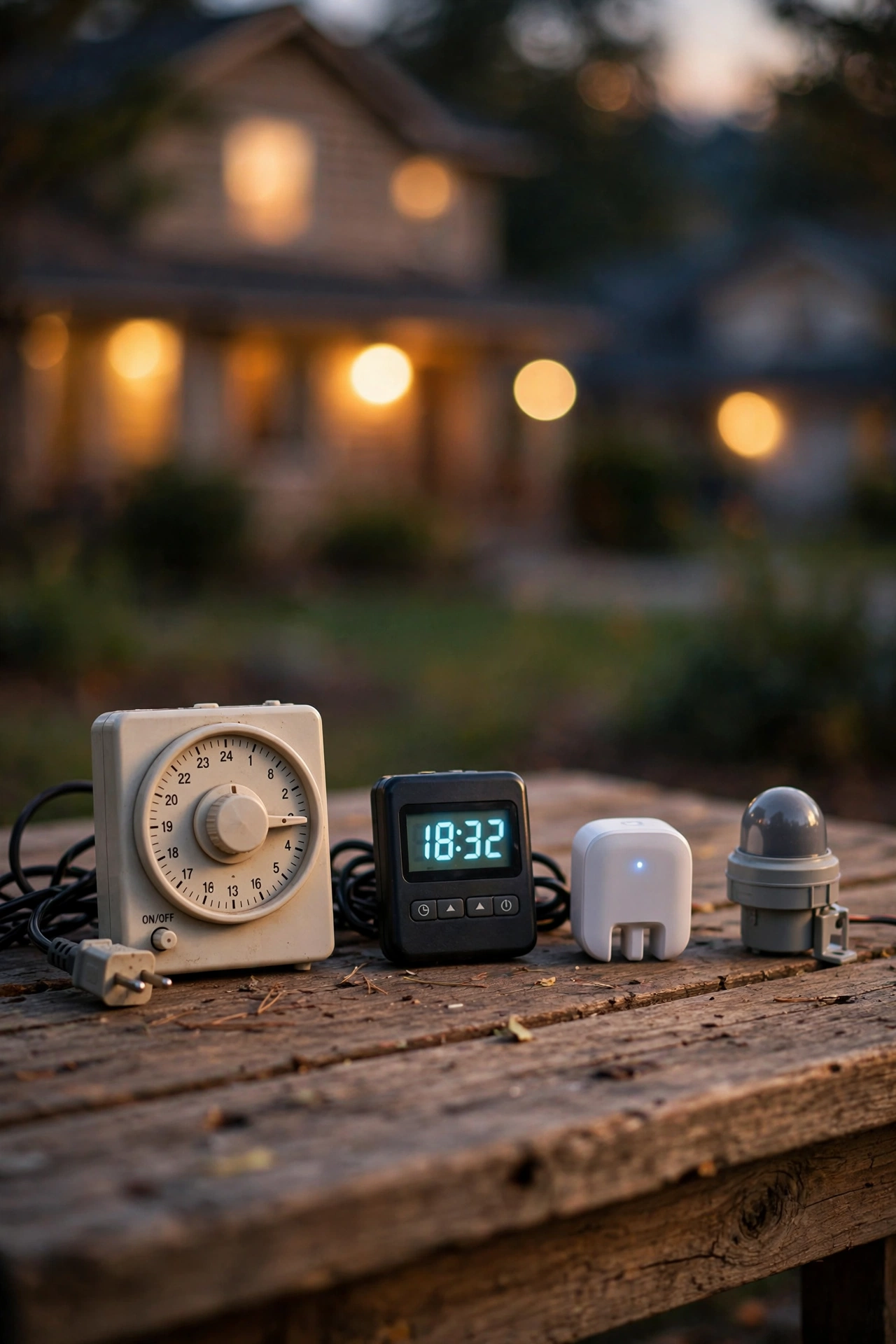 Outdoor lighting timers and controllers displayed on a wooden table at dusk, mechanical and digital timers beside smart plugs