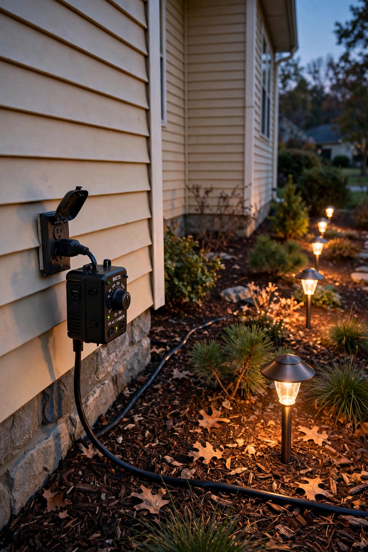 Low voltage landscape lighting transformer plugged into outdoor outlet with cable running to path lights