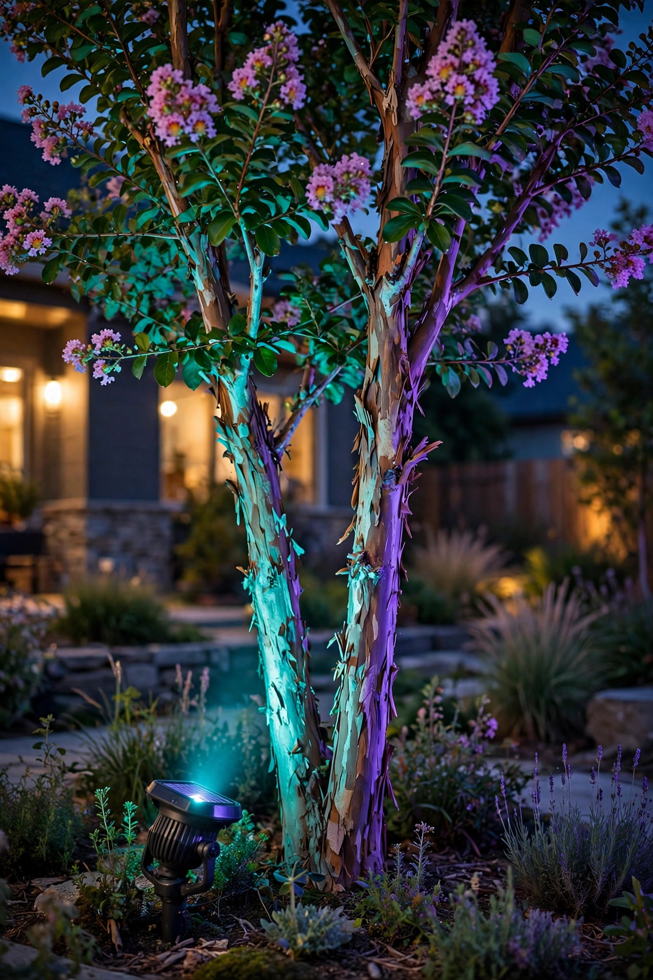 Solar spotlight washing a crape myrtle tree in shifting teal and violet color at night
