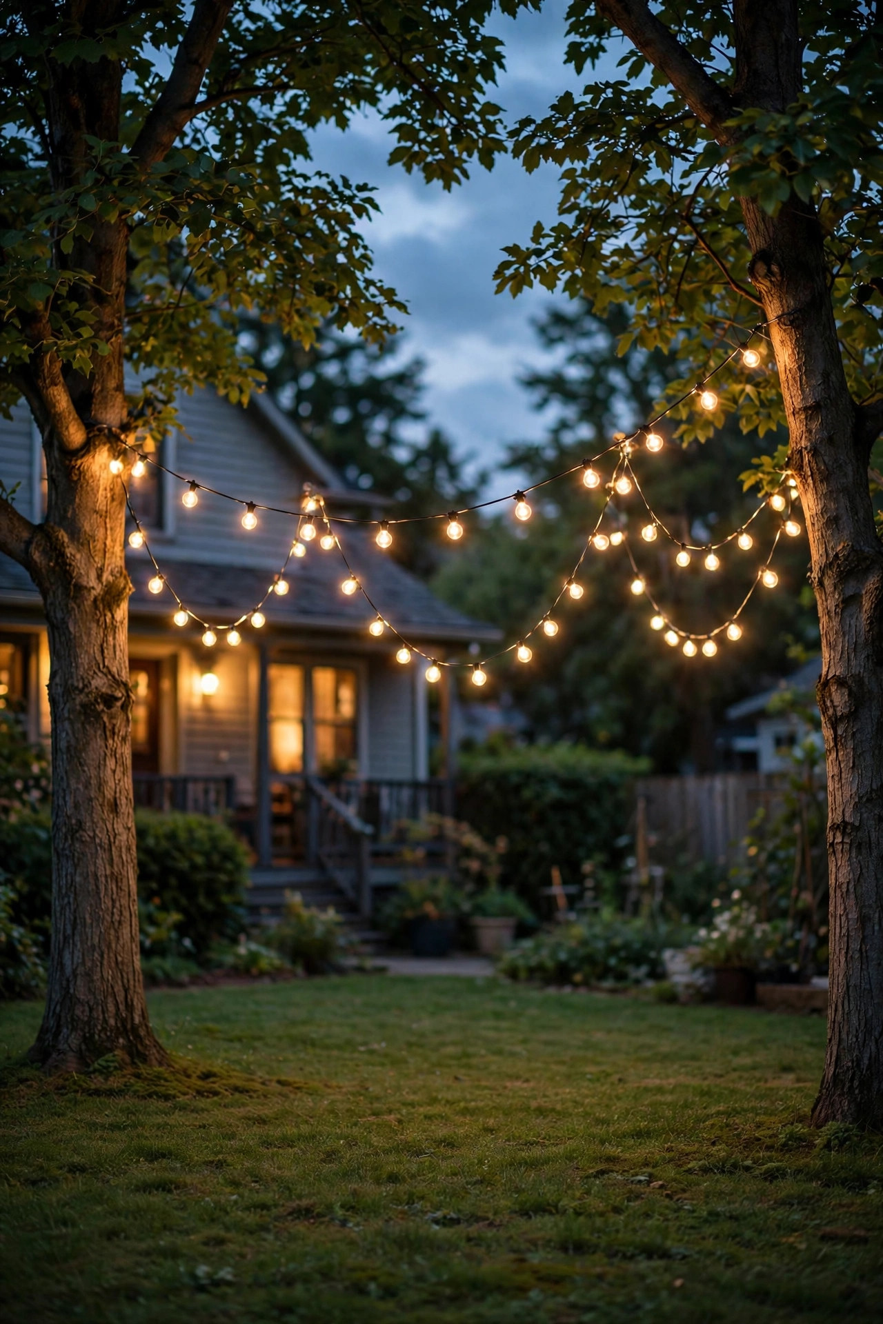 Globe string lights draped in gentle swags between two backyard trees over a lawn at twilight
