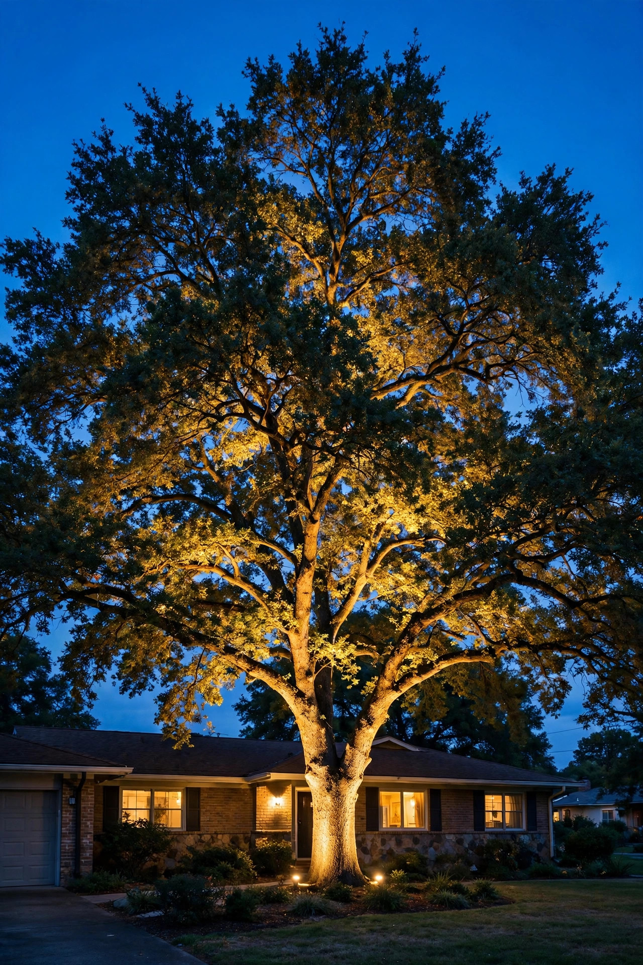 Large oak tree in a craftsman front yard dramatically uplit from the base at dusk, warm light glowing through the canopy