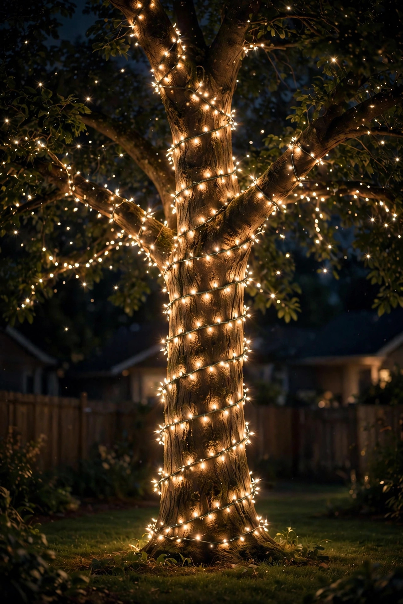 Fairy lights spiraled around a tree trunk and lower branches in a backyard at night