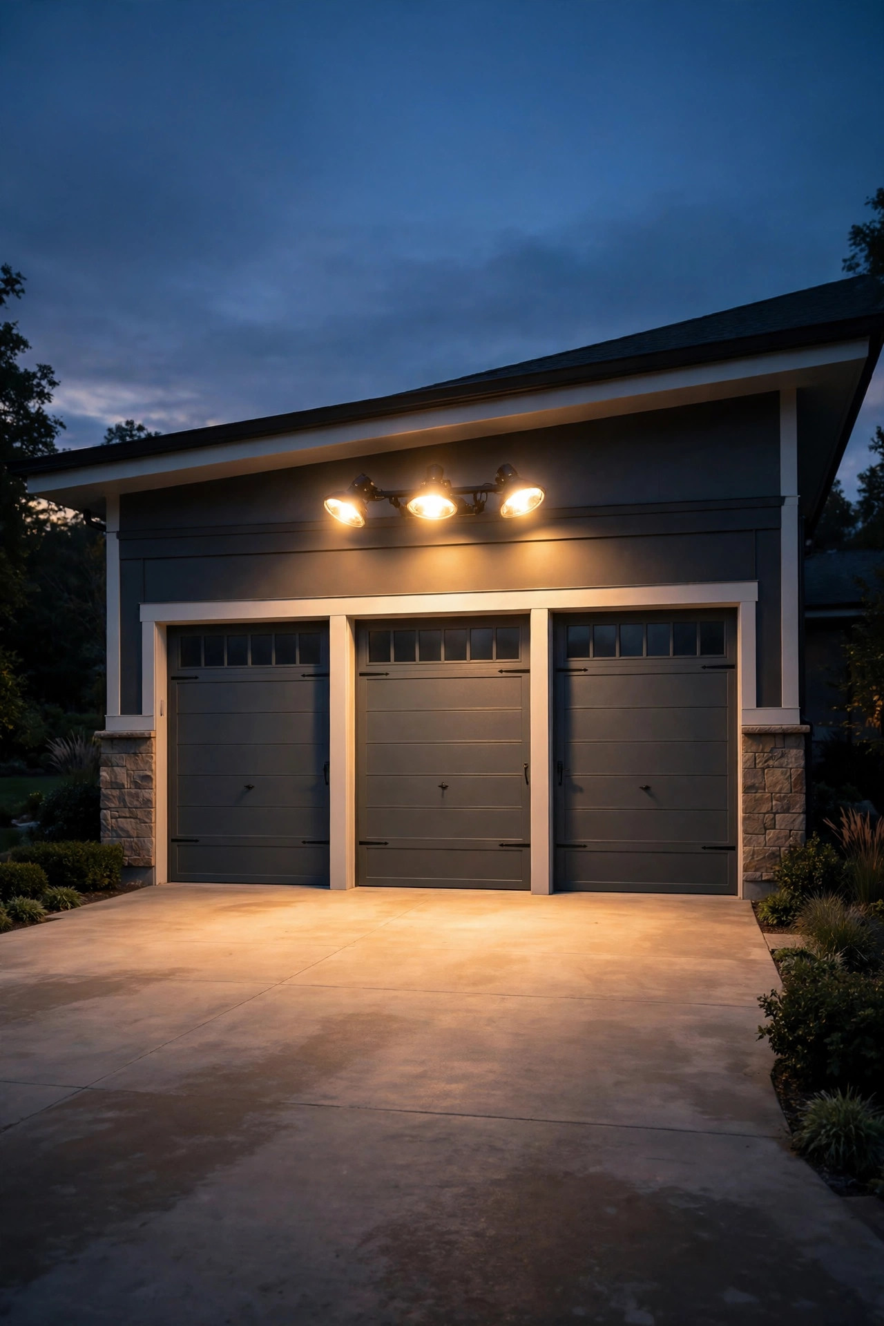 Triple-head flood light above a three-car garage washing a wide driveway in warm light at dusk