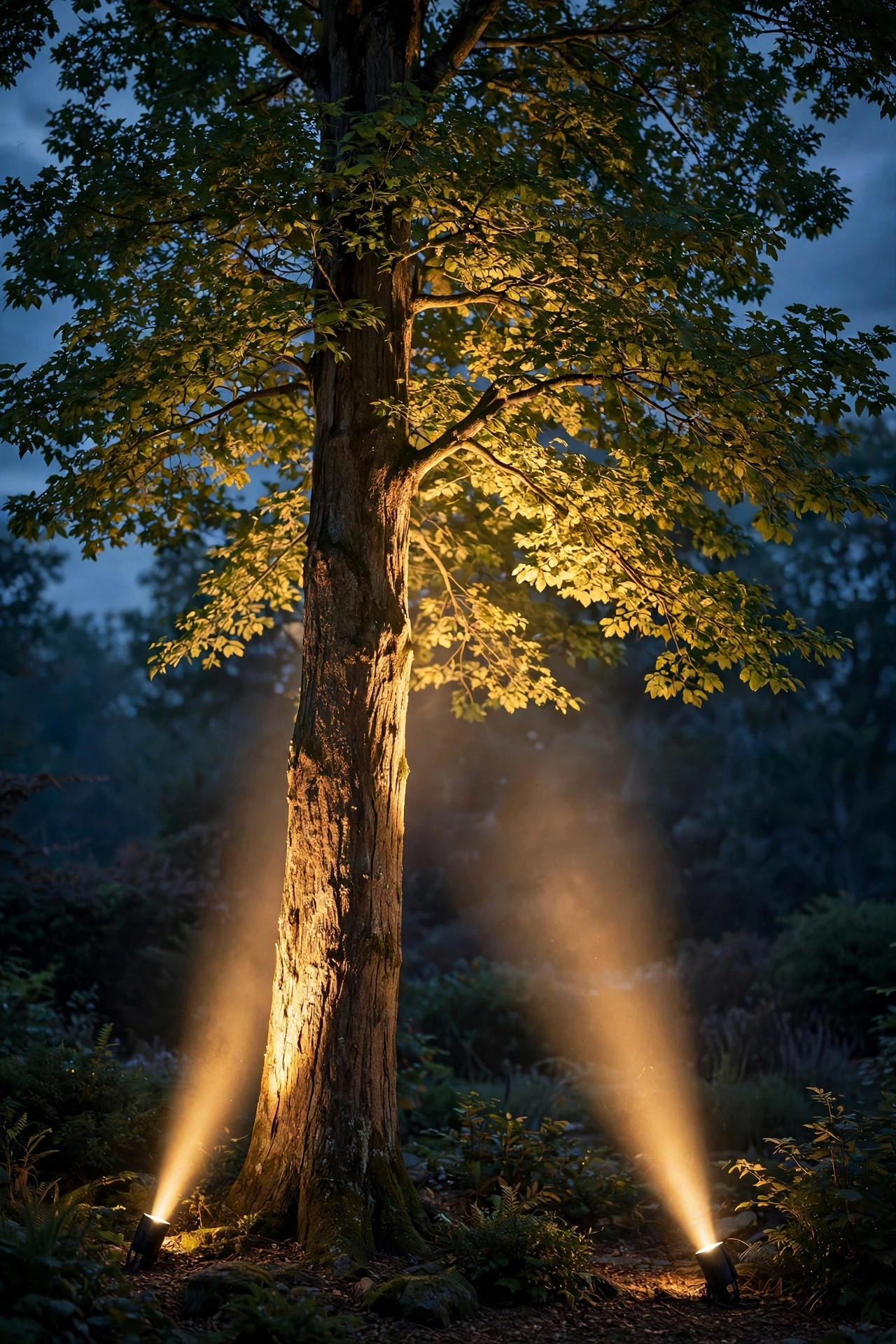 Two narrow beam spotlights lighting a tall tree, one grazing the trunk and one washing the underside of the leafy canopy