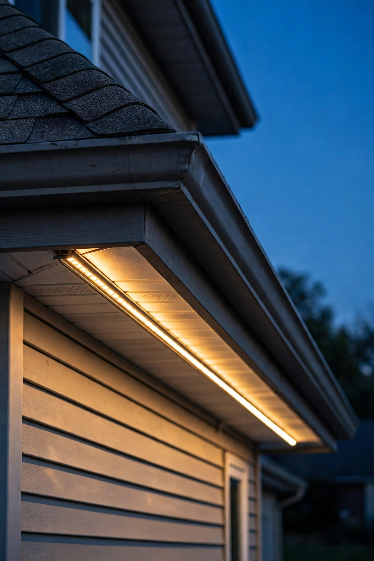 Side view of a house eave at dusk showing slim track channel LED lights mounted under the soffit, glowing warm white