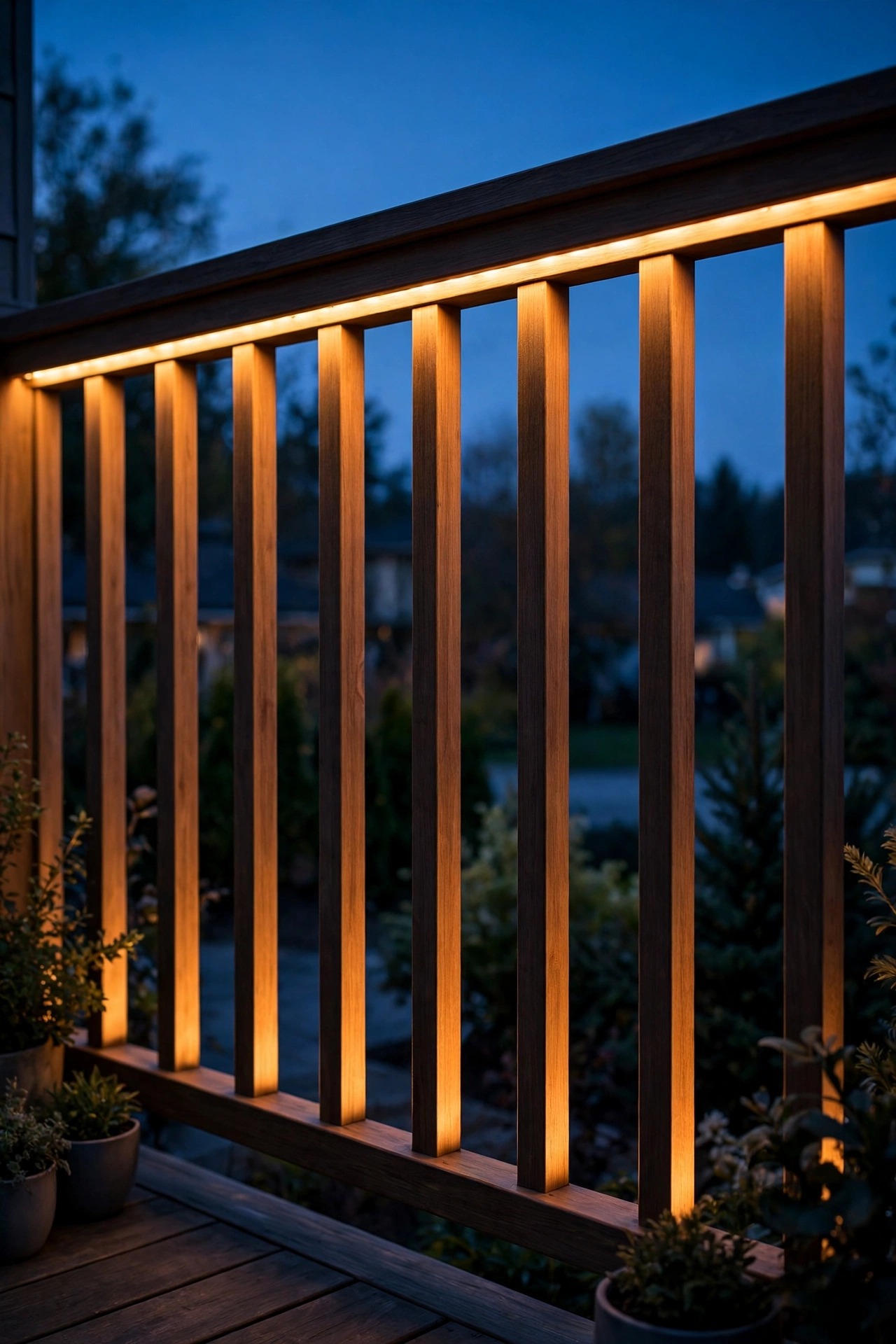 Smart LED strip hidden under a deck handrail casting a warm continuous glow down the balusters at dusk