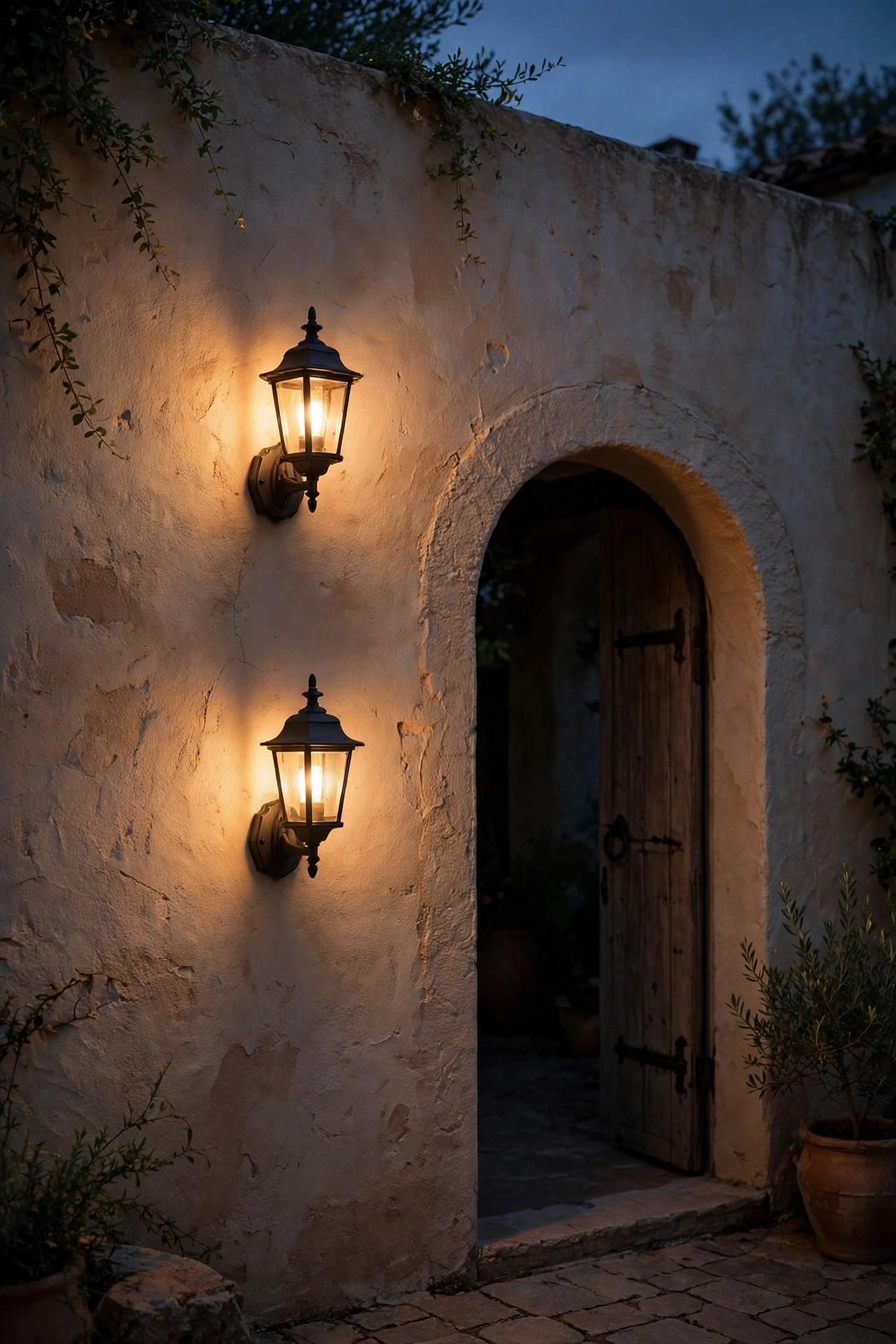 Pair of up-and-down wall sconces glowing on a stucco courtyard wall beside an arched doorway