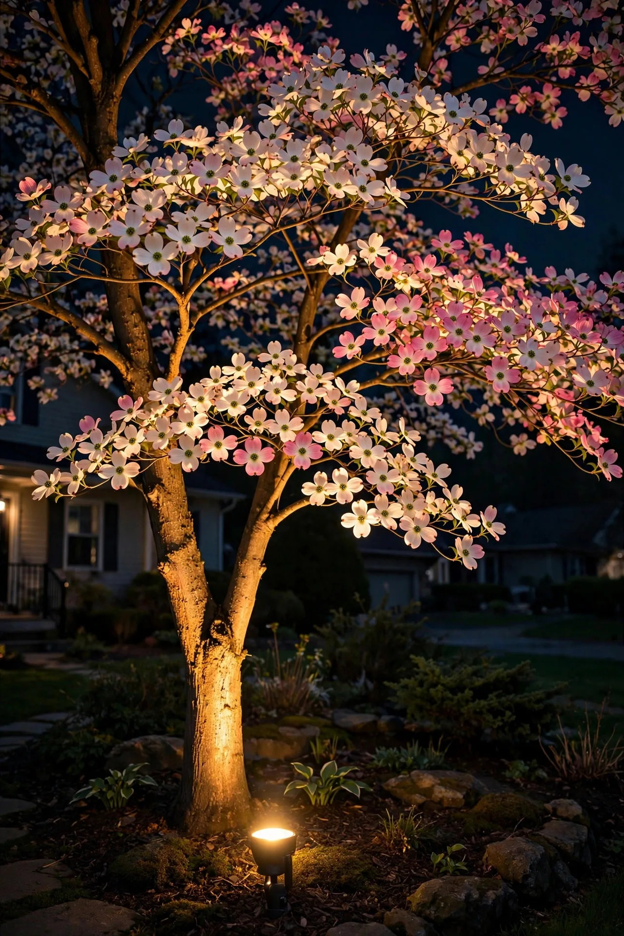 Warm LED spotlight uplighting a flowering dogwood tree at night, blossoms glowing against a dark spring sky