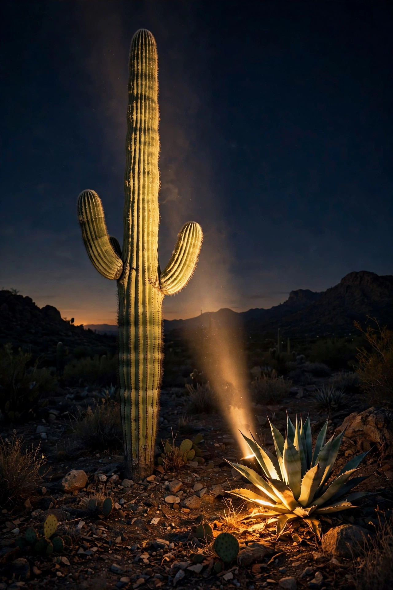 Tall saguaro cactus dramatically uplighted at night with a narrow-beam spotlight, with a glowing agave rosette beside it