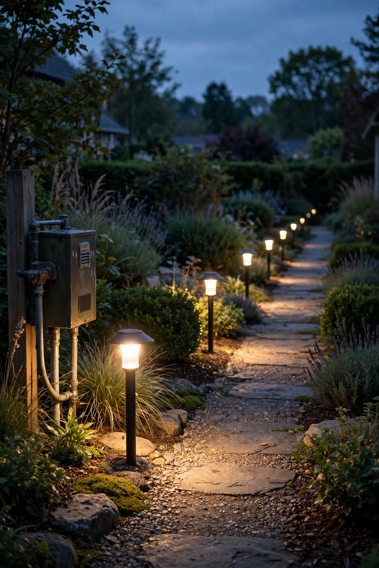 Row of path lights at dusk showing voltage drop, with bright lights near the transformer and noticeably dimmer lights at the far end of the run