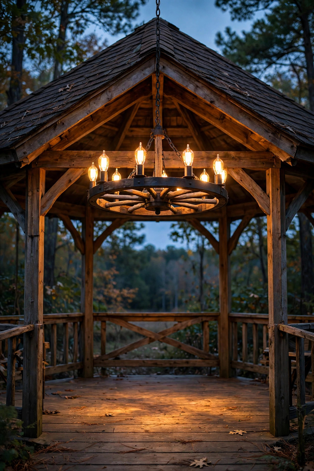 Rustic wagon-wheel outdoor chandelier hanging in the center of a wooden gazebo