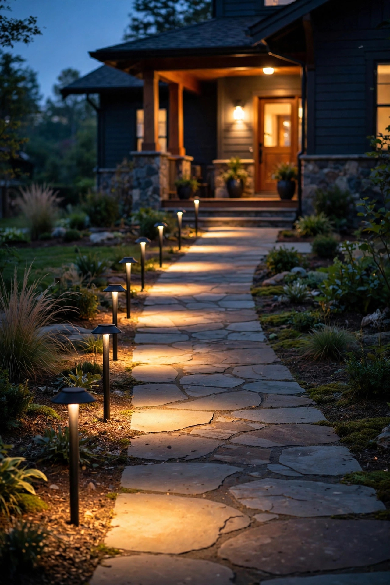 Staggered warm path lights lining a front walkway at dusk, overlapping pools of light leading to a glowing porch