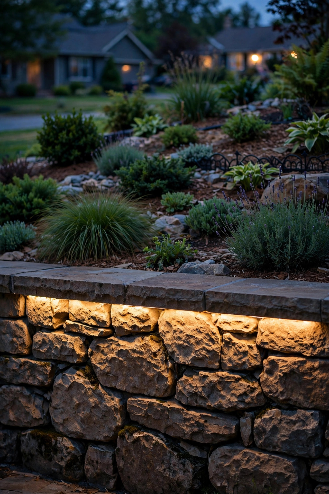 LED strip light hidden under a retaining wall capstone washing the stone wall below with warm light