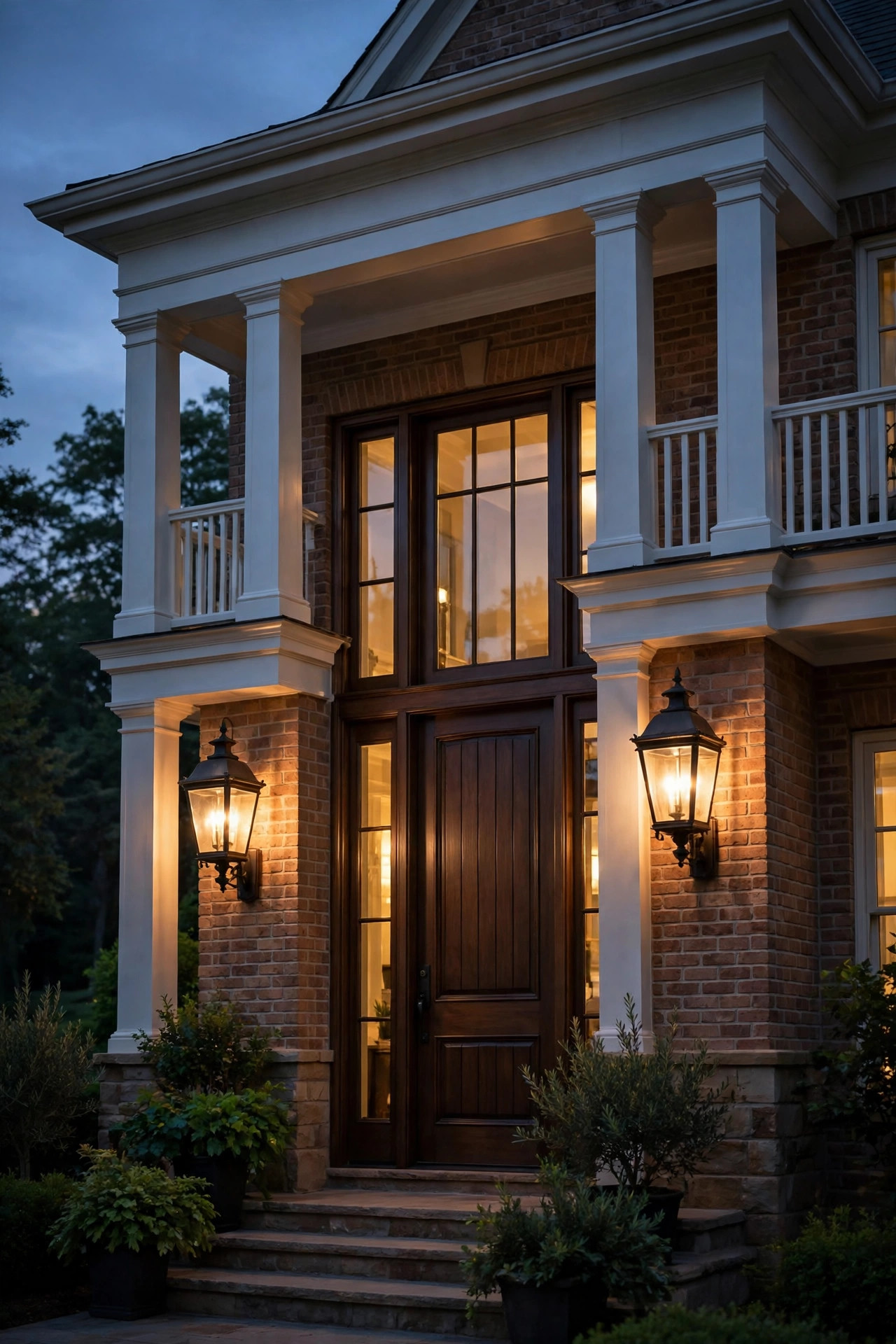 Pair of large wall lanterns flanking a tall front door on a two-story portico, glowing warm at dusk