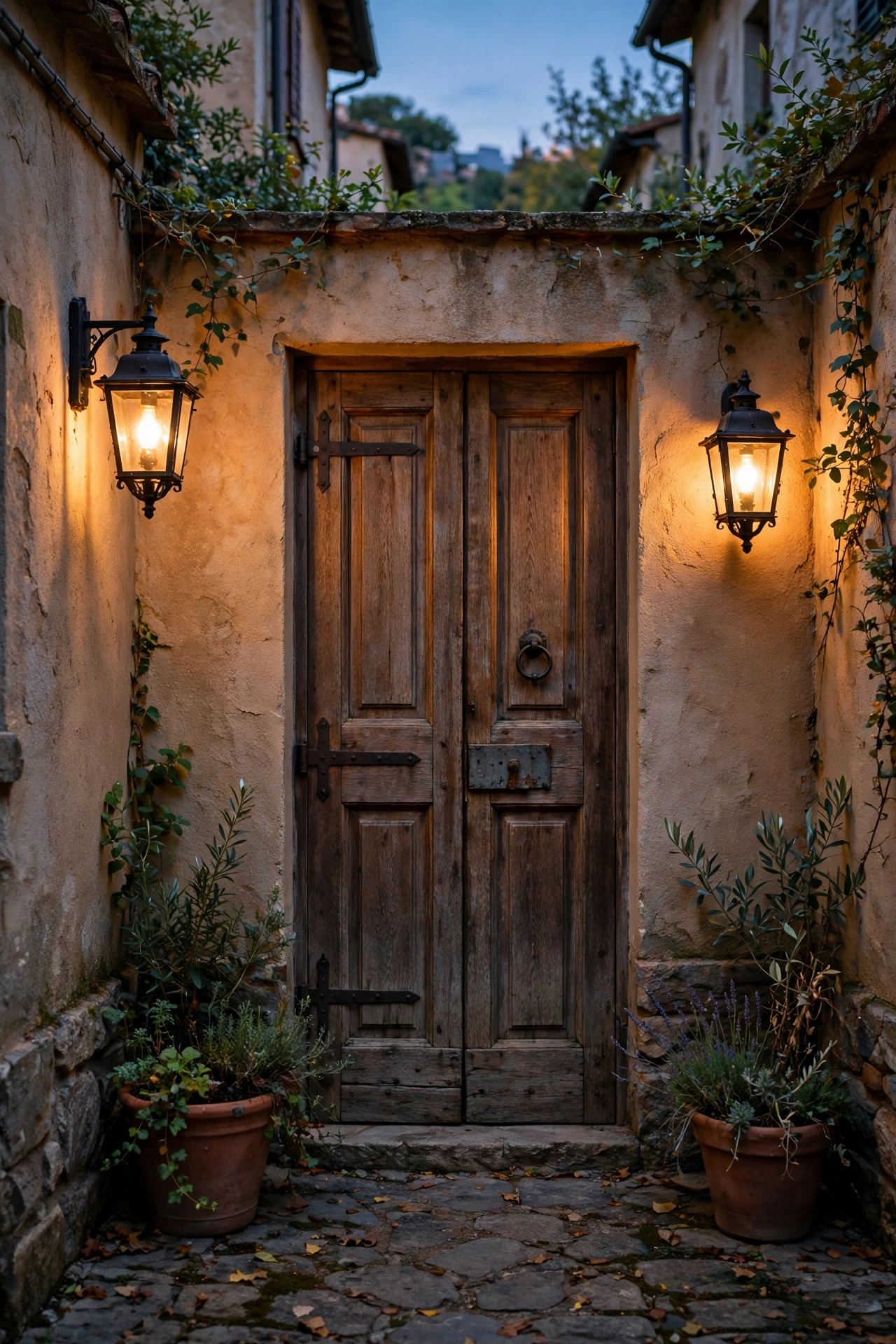 Pair of warm wall lanterns flanking a wooden door in a small courtyard at dusk