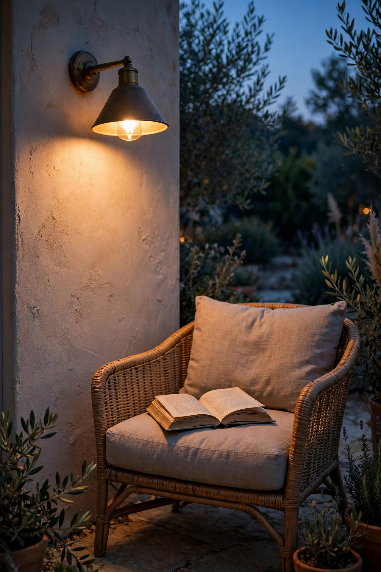 Warm wall-mounted reading sconce with a downward shade glowing beside an outdoor armchair and open book at dusk