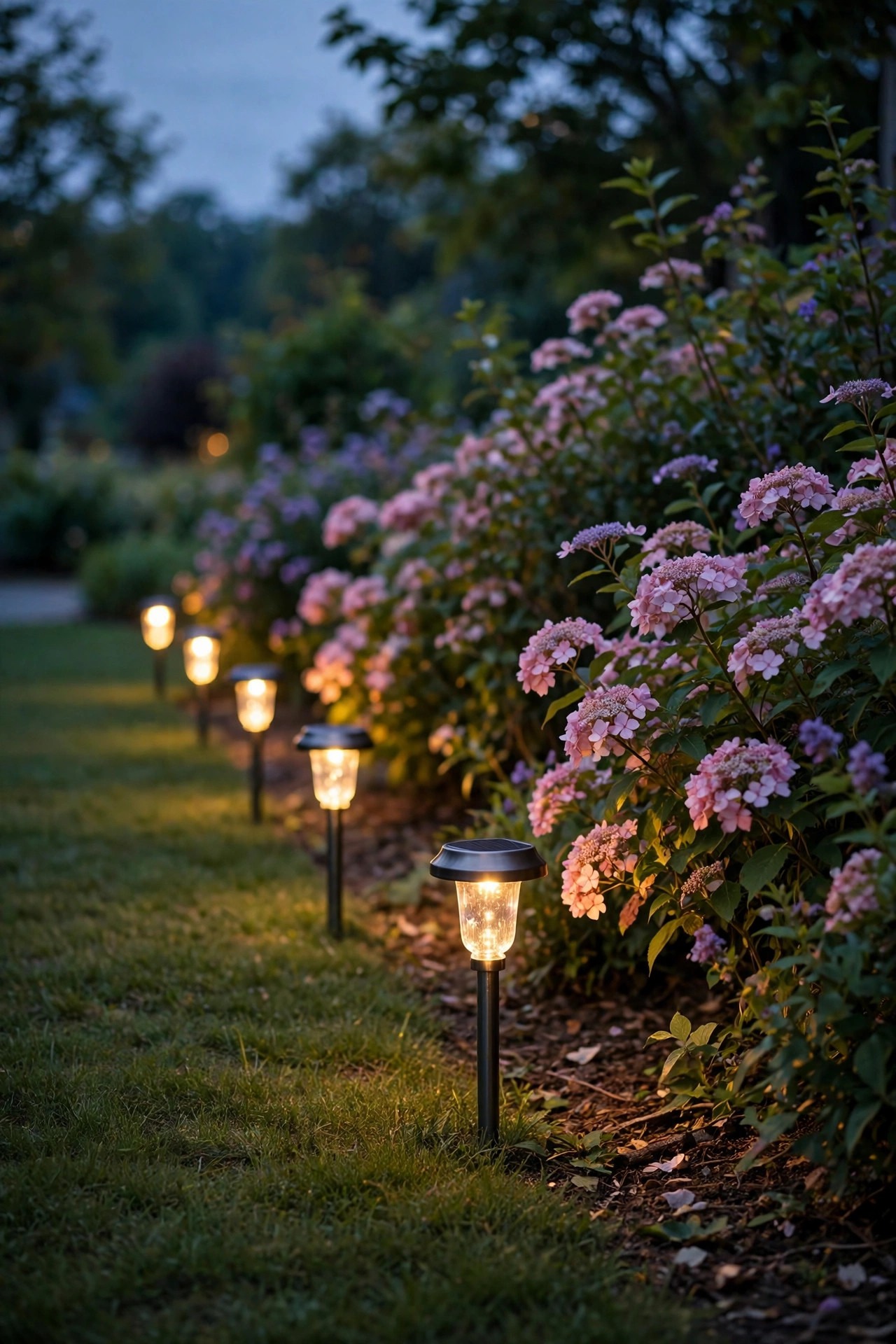 Solar garden lights with a soft warm golden glow lining a lawn edge beside flowering shrubs at dusk