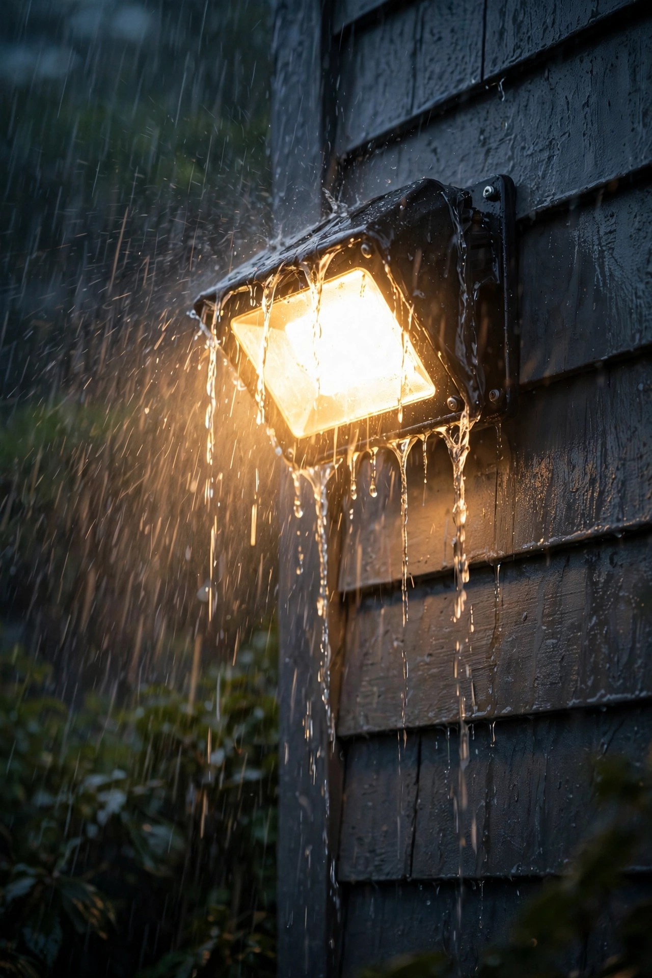 Outdoor flood light on a house wall glowing through heavy evening rain, water streaming off its sealed housing