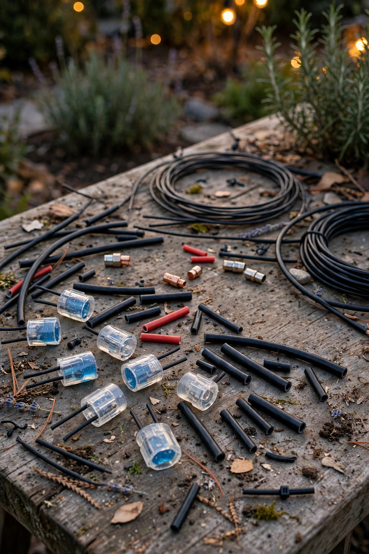 Gel-filled wire connectors, heat shrink tubing and crimp connectors for landscape lighting wire laid out on a garden workbench