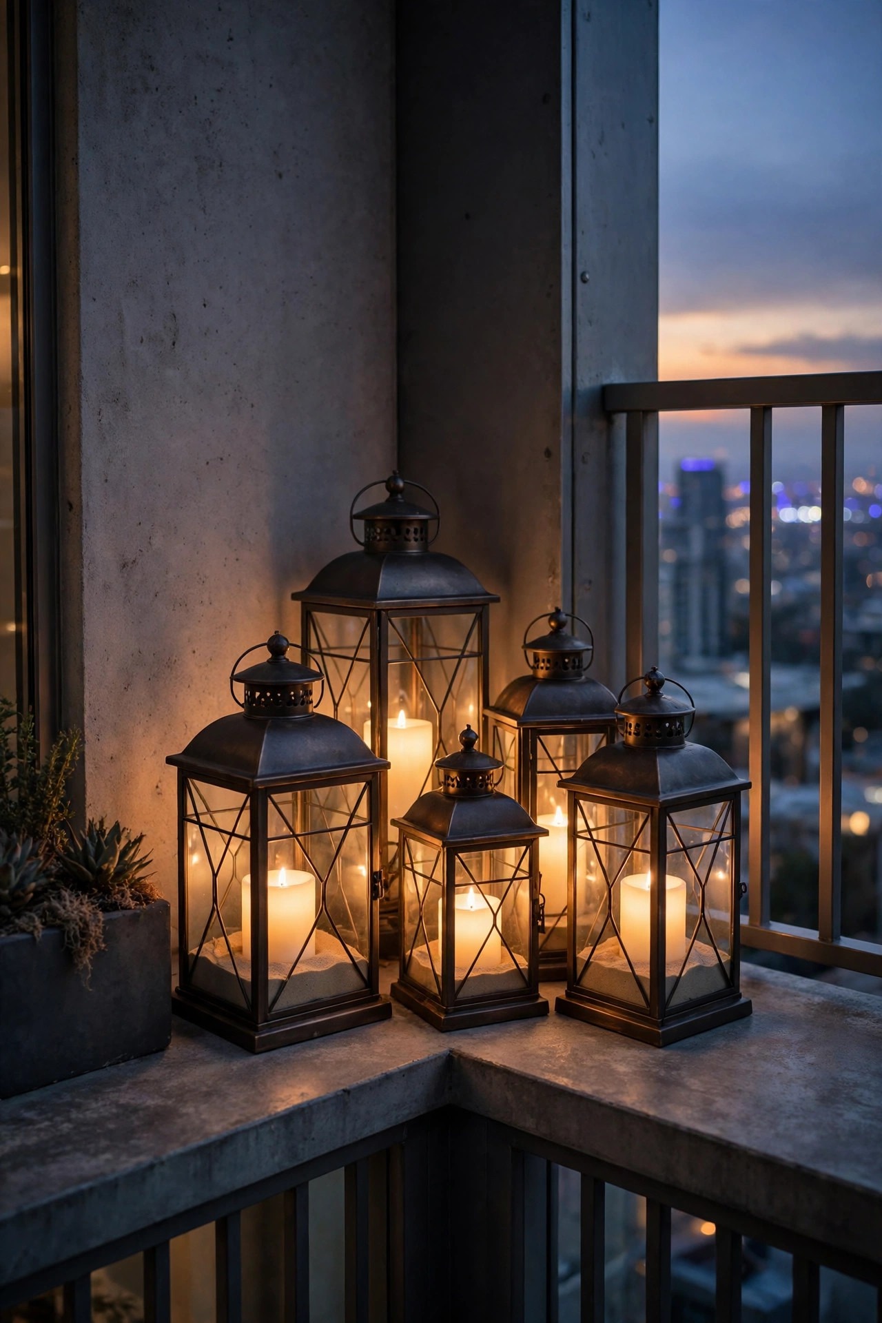 Heavy metal lanterns with sand-filled bases and flameless candles clustered in a sheltered high-rise balcony corner at dusk