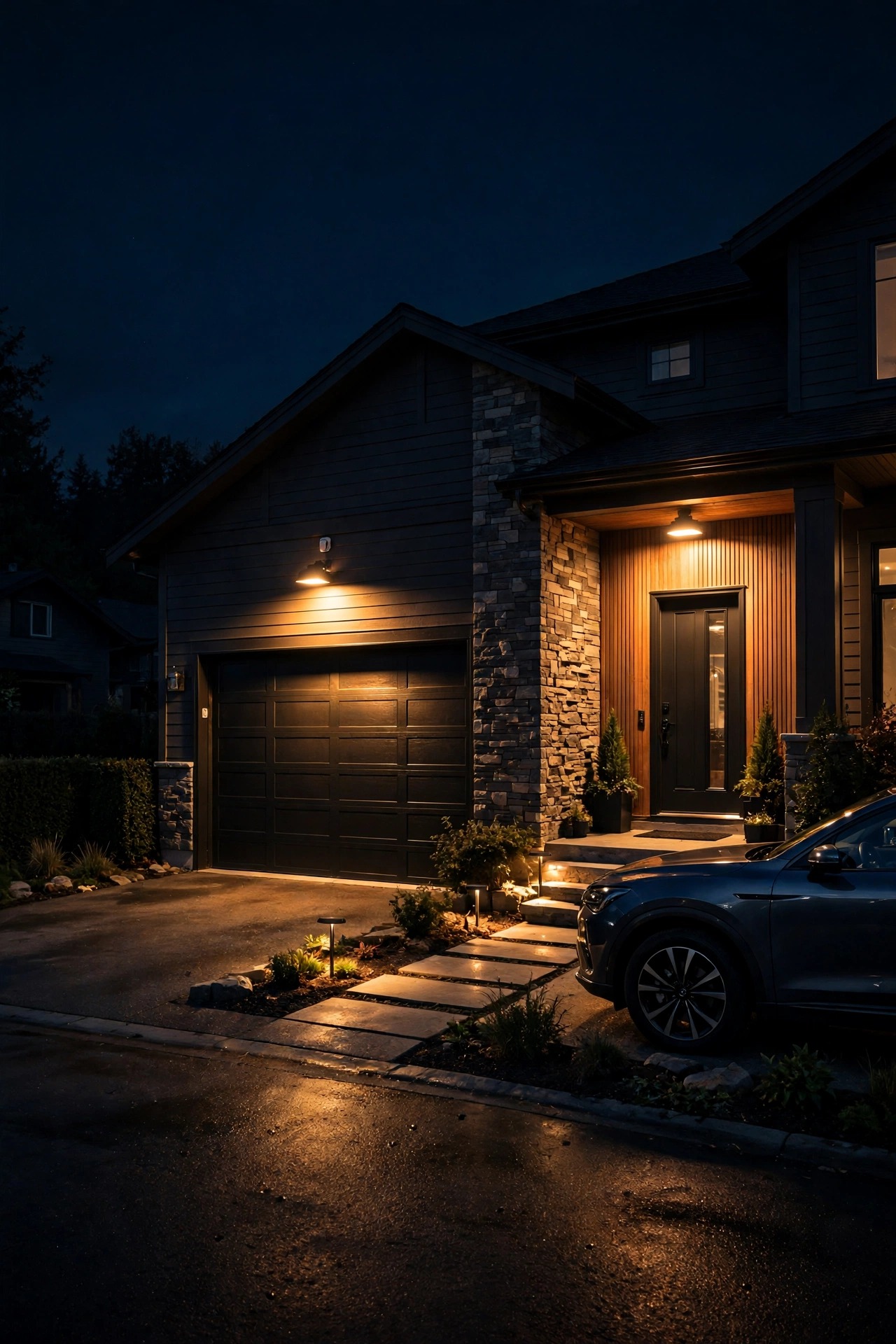 Driveway and front entry lighting up brightly as a car arrives home at night, motion sensor welcome scene