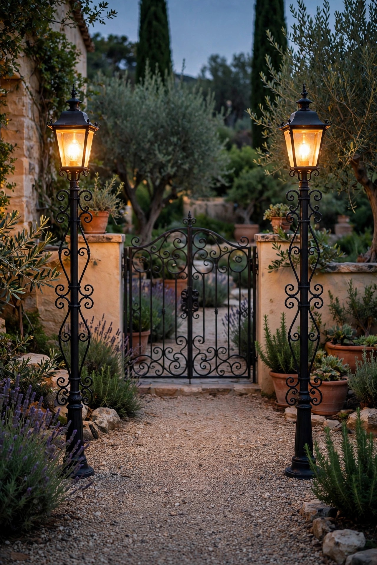 Pair of black wrought iron lantern posts flanking a garden gate and gravel path at dusk, glowing warm amber in a Mediterranean front yard