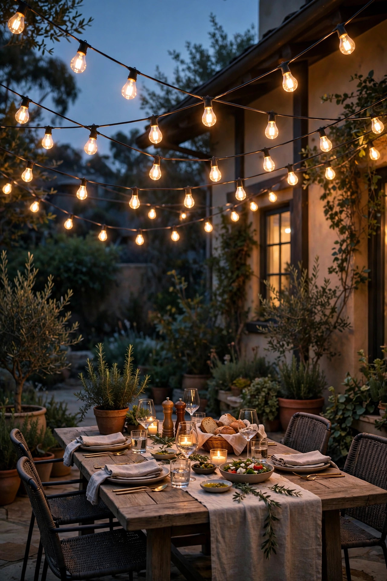 Zigzag canopy of edison bulb string lights crisscrossing above an outdoor dining table set for dinner