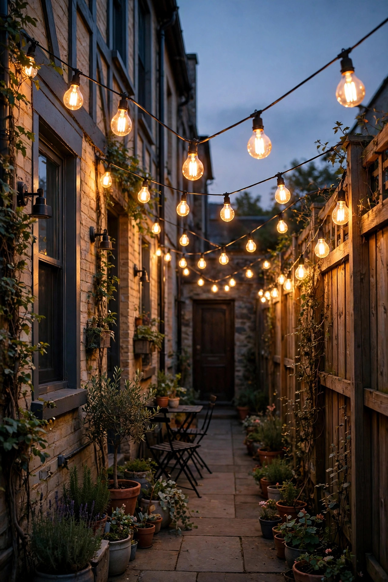 Cafe string lights zigzagged across a narrow townhome patio between the house wall and the fence