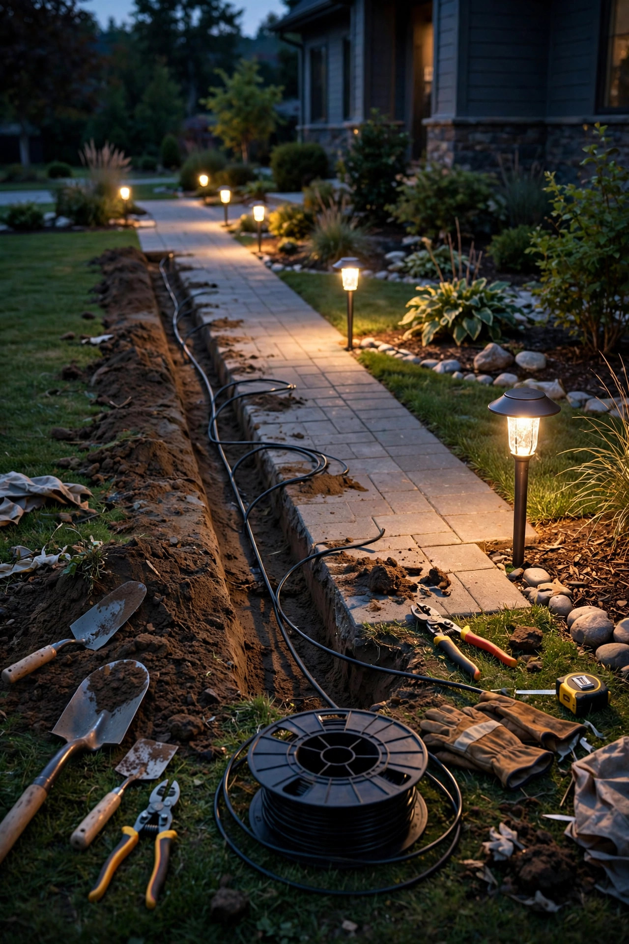 Homeowner installing 14 AWG landscape lighting cable in a shallow trench along a front walkway with path lights at dusk