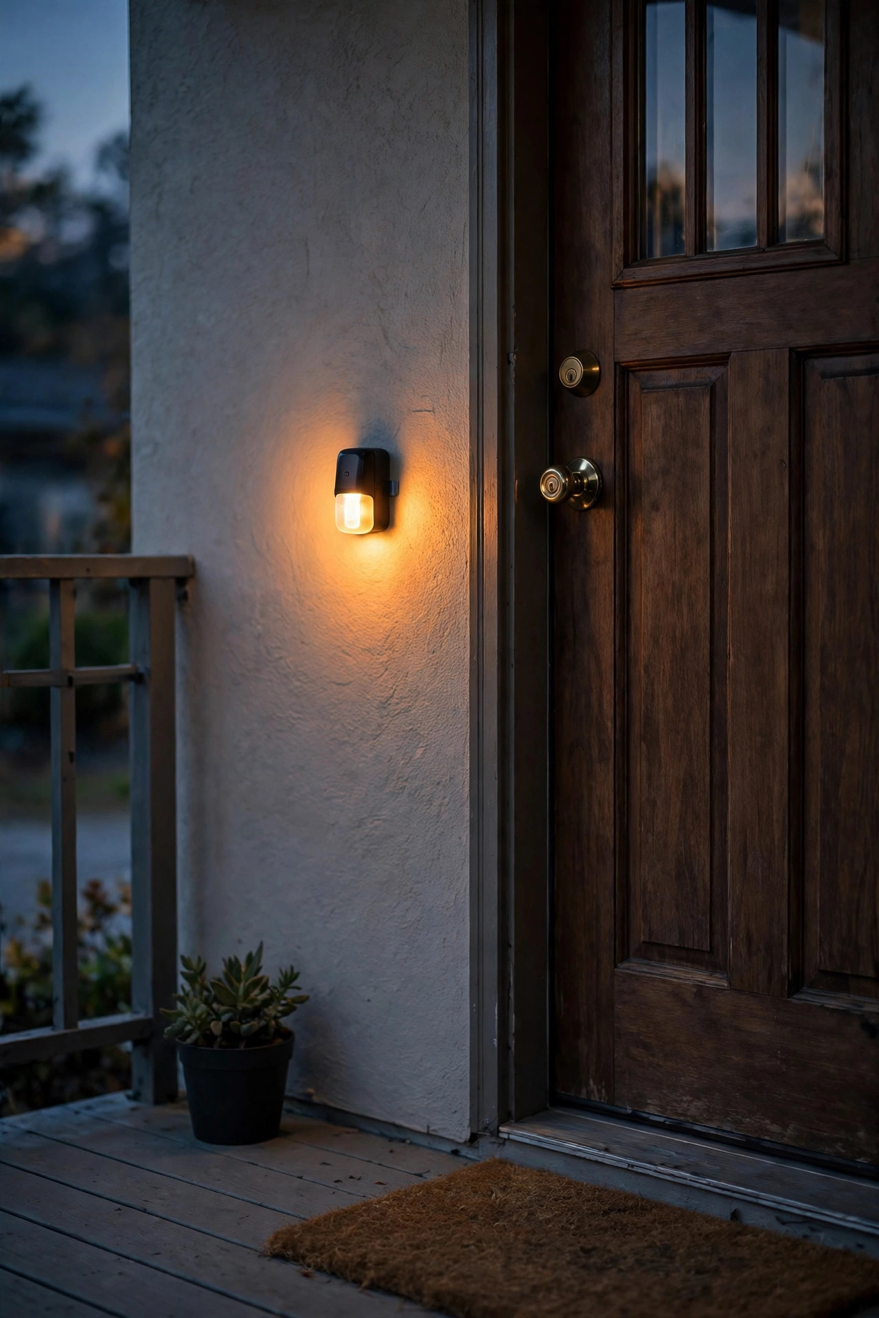 Small adhesive-mounted motion sensor light glowing beside a front door on a rental porch
