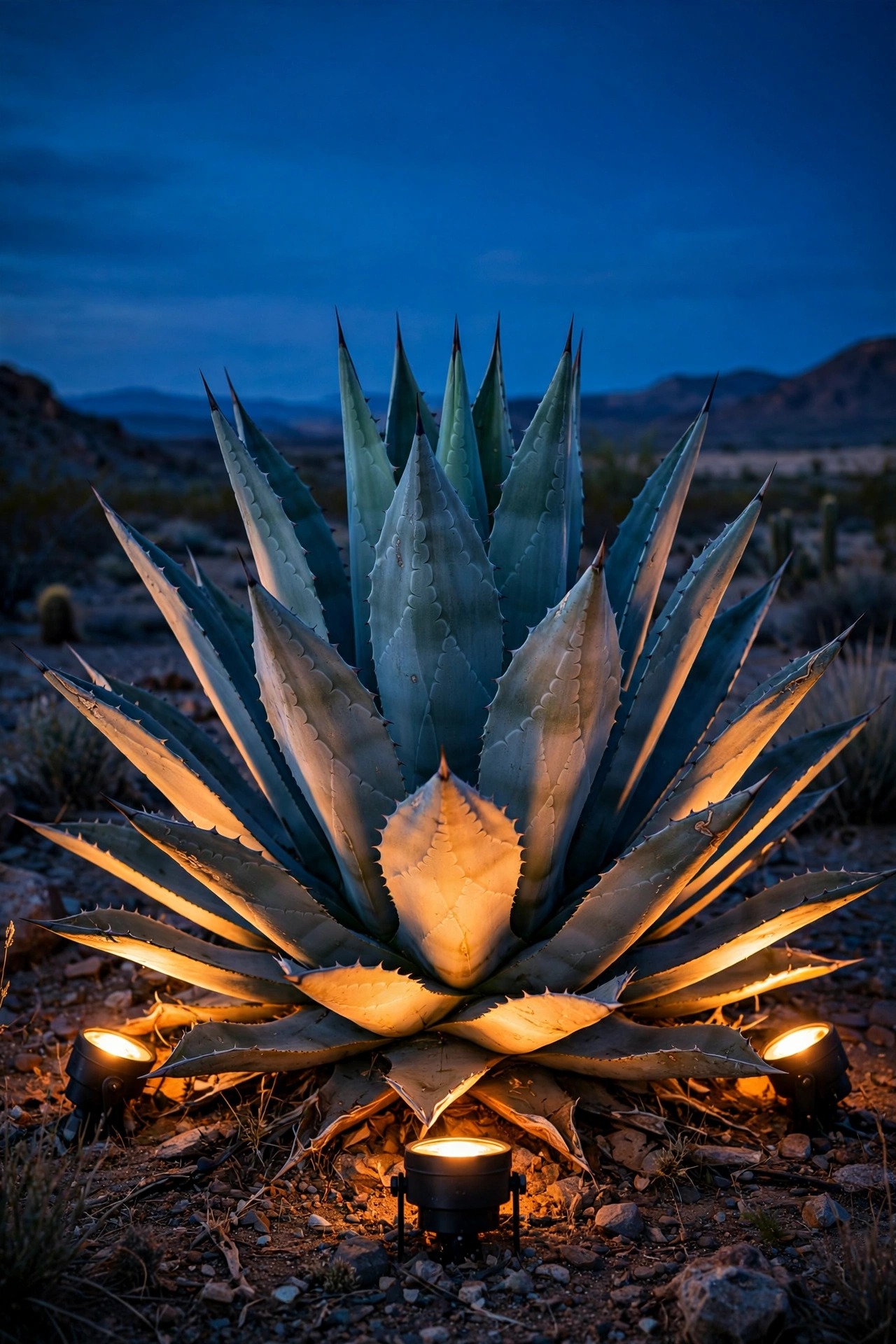 Blue agave rosette dramatically uplit at night by warm shielded spotlights, each leaf modeled against a deep blue desert sky