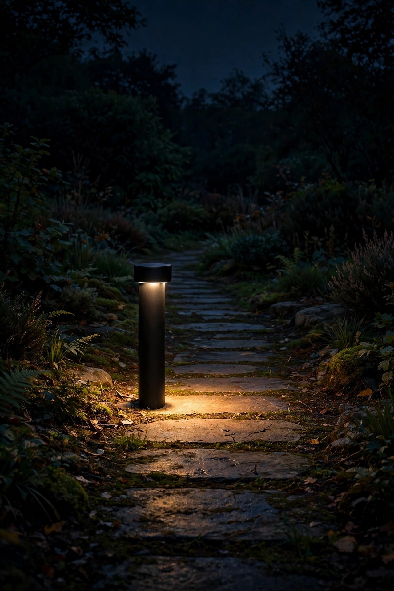Low bollard light aimed straight down pooling warm light onto a garden path at dusk, dark sky above and no upward light spill