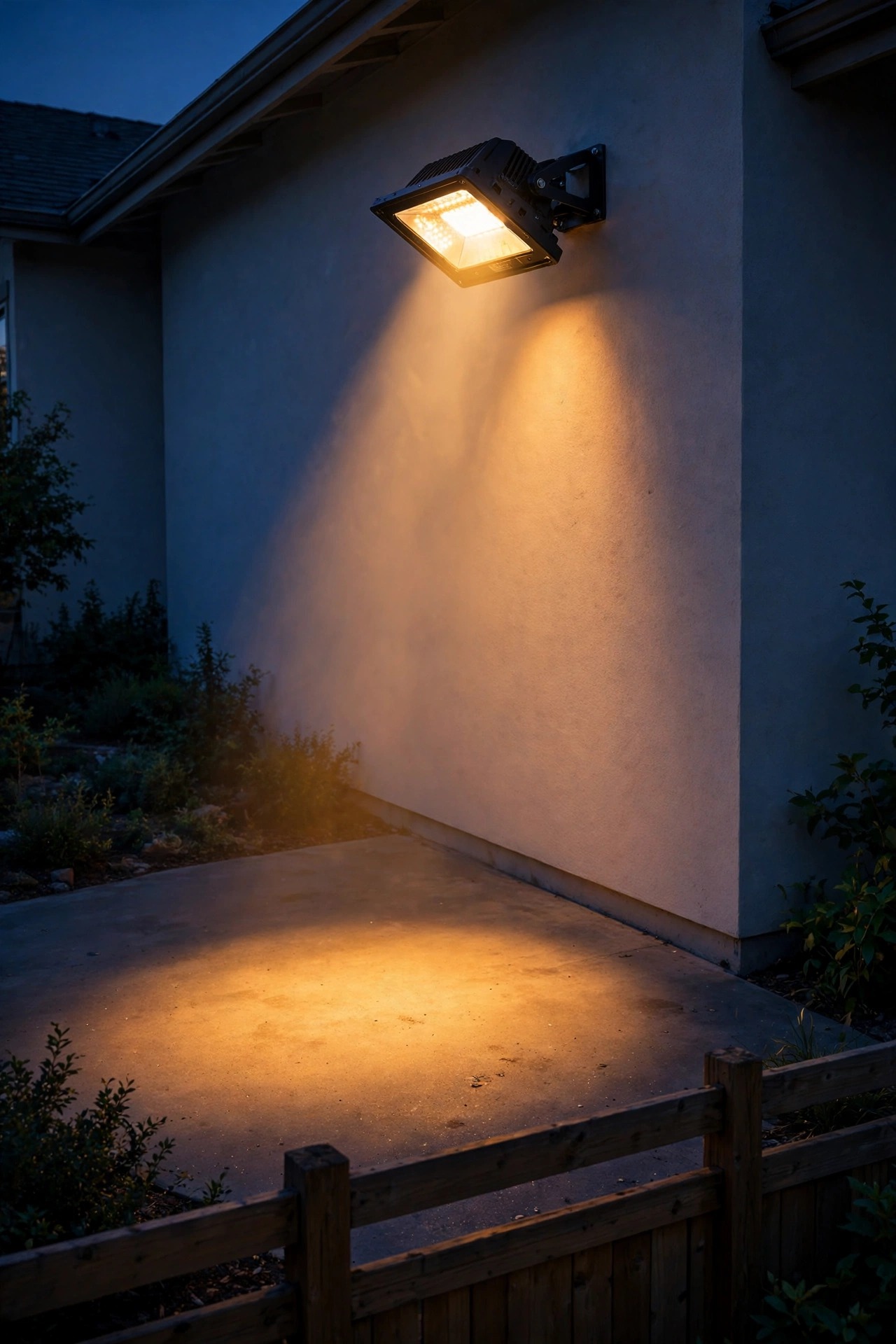 LED floodlight mounted high on a house wall tilted steeply downward, warm beam pooling on the driveway below and stopping before the fence