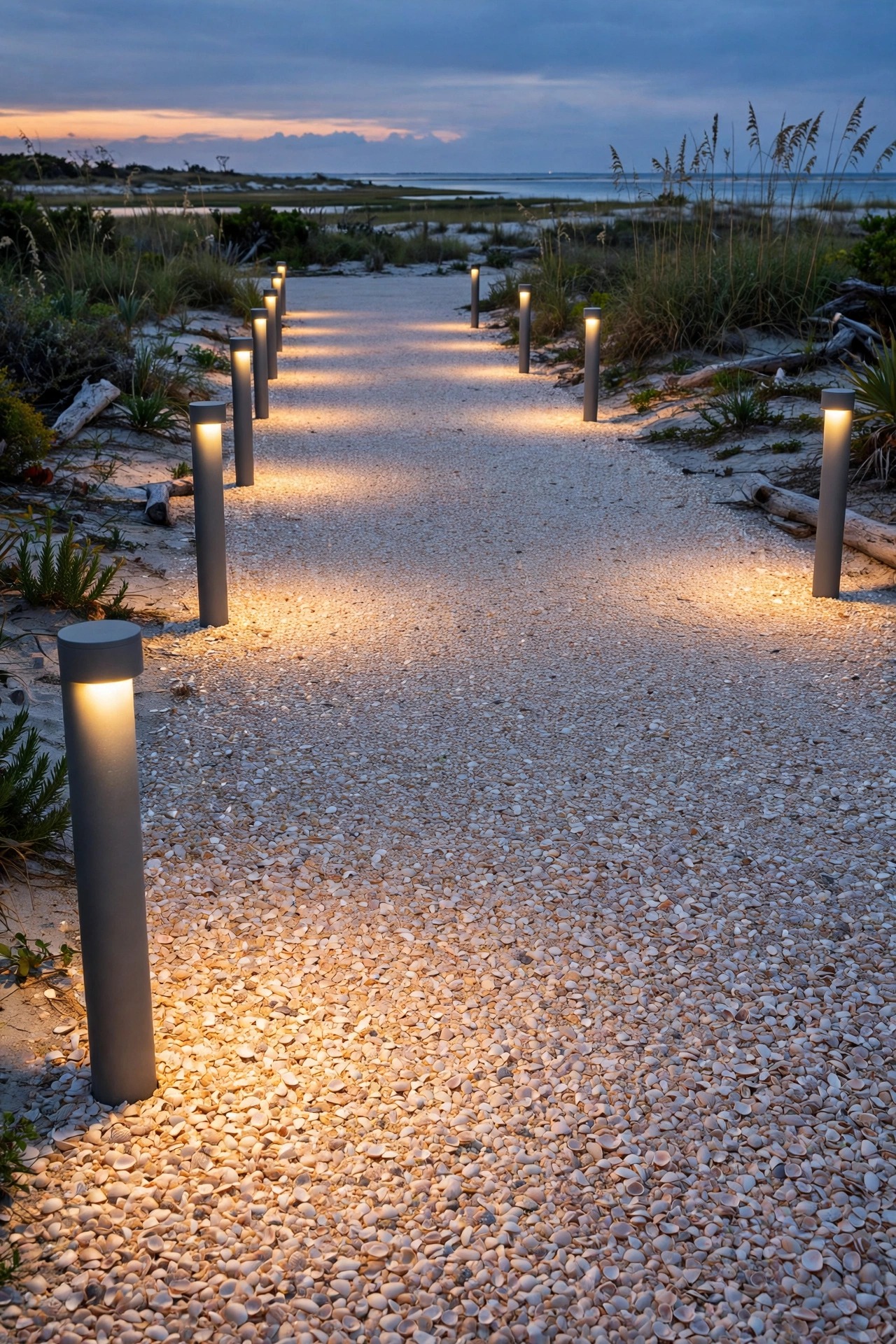 Powder-coated aluminum bollard lights lining a crushed-shell coastal driveway at dusk with warm downward light pools
